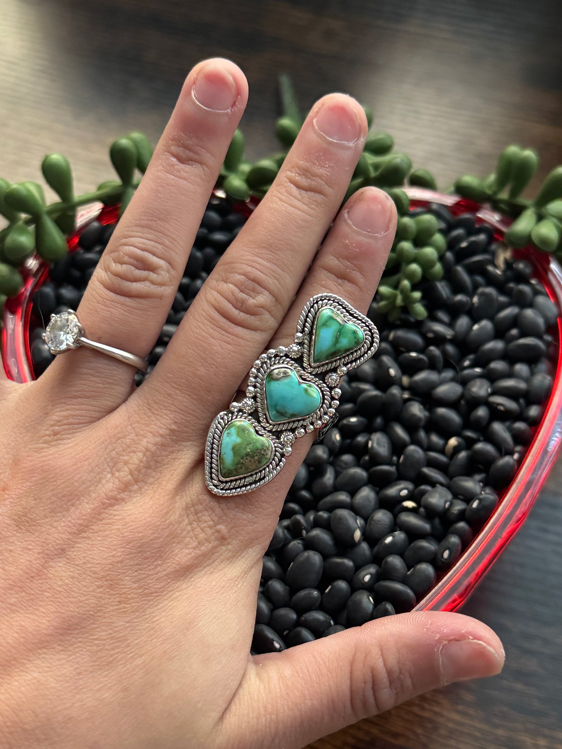 Southwest Handmade Sonoran Mountain Turquoise & Sterling Silver Adjustable Cluster Triple Heart Ring
