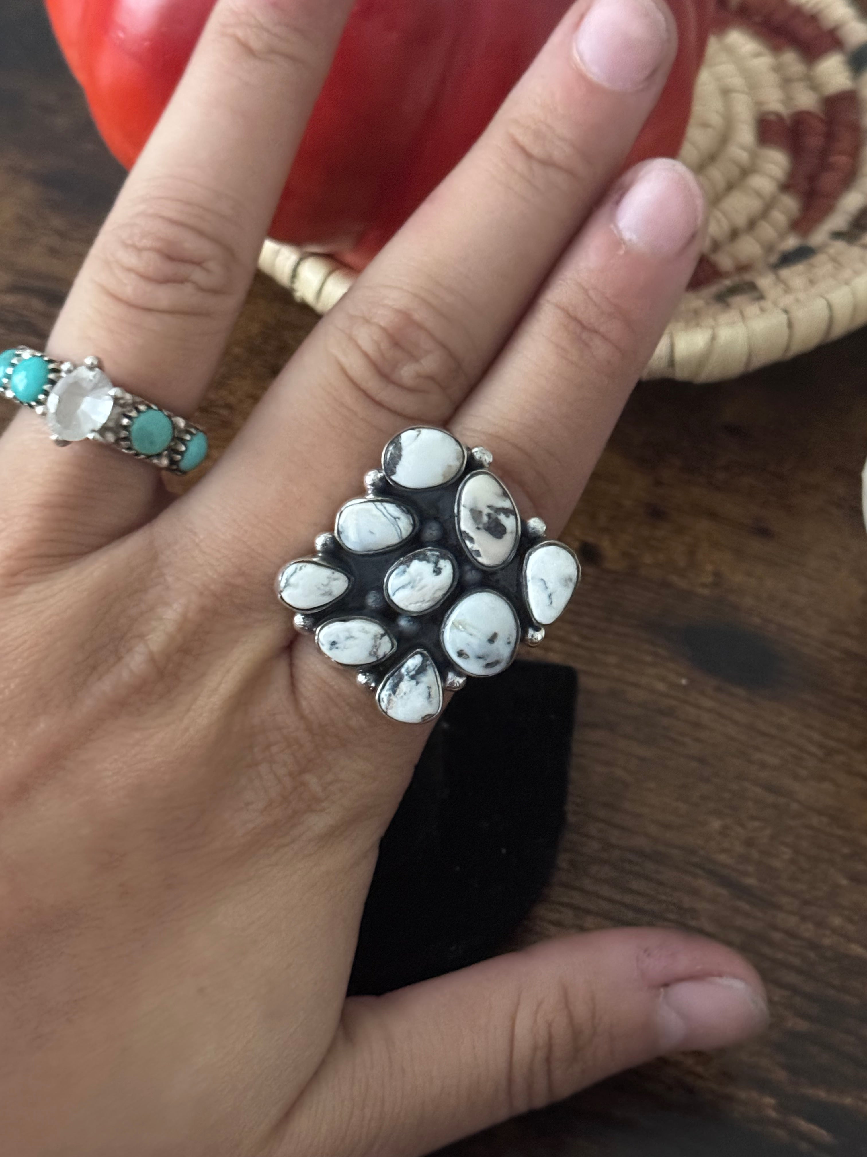 Southwest Handmade White Buffalo & Sterling Silver Adjustable Cluster Ring