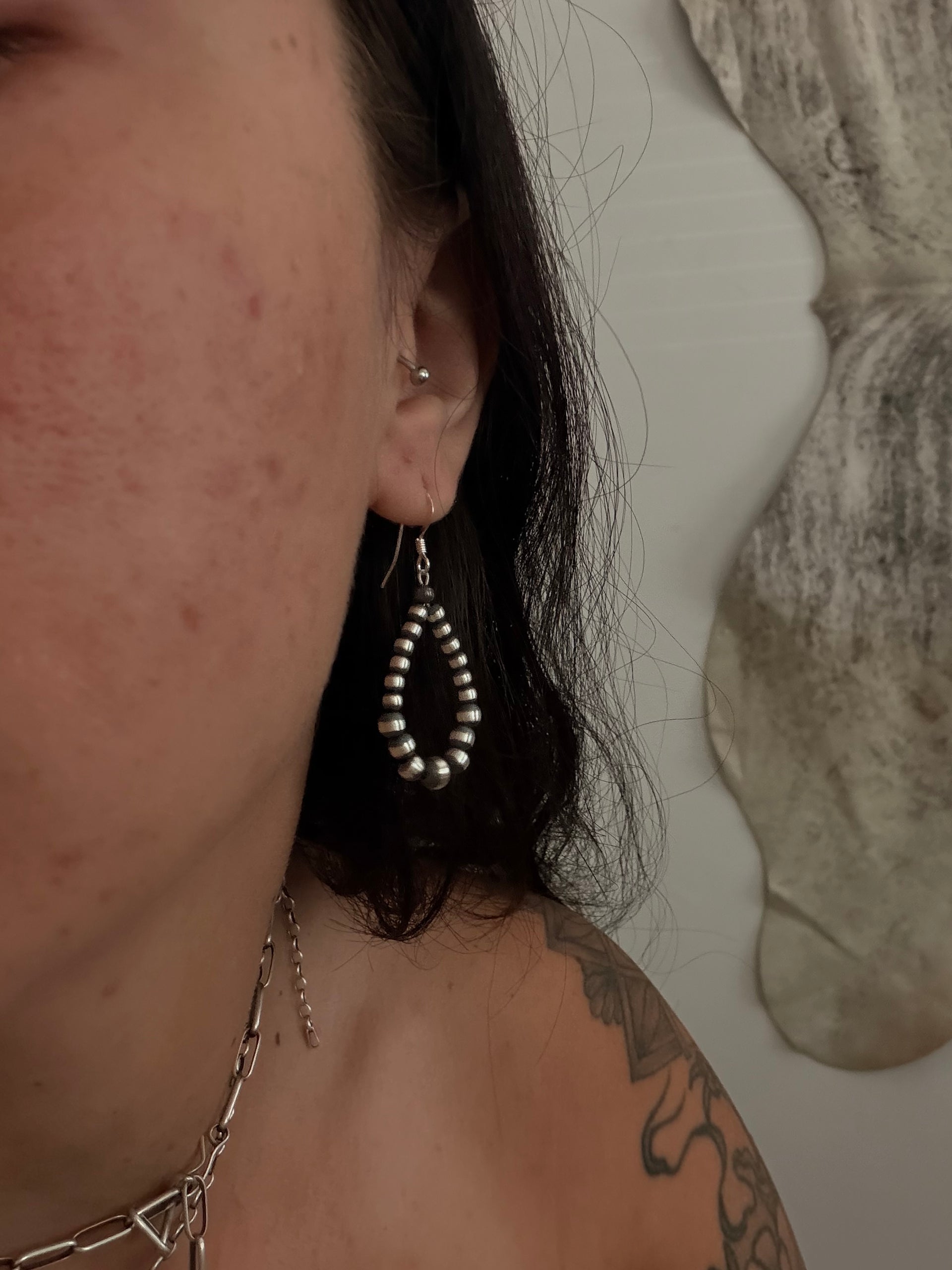 Navajo Strung Sterling Silver Graduated Pearl Dangle Earrings