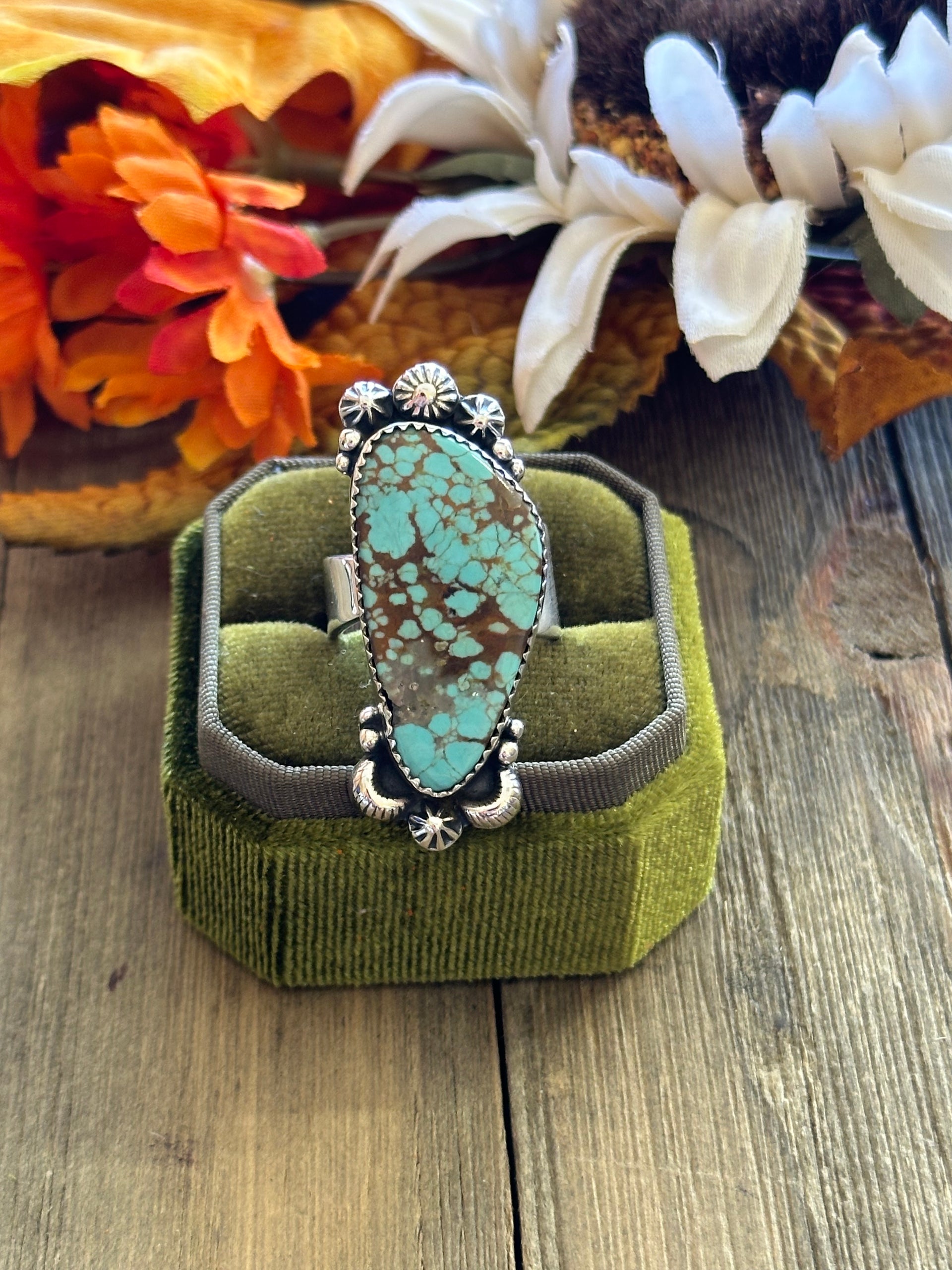 Southwest Handmade #8 Turquoise & Sterling Silver Adjustable Ring