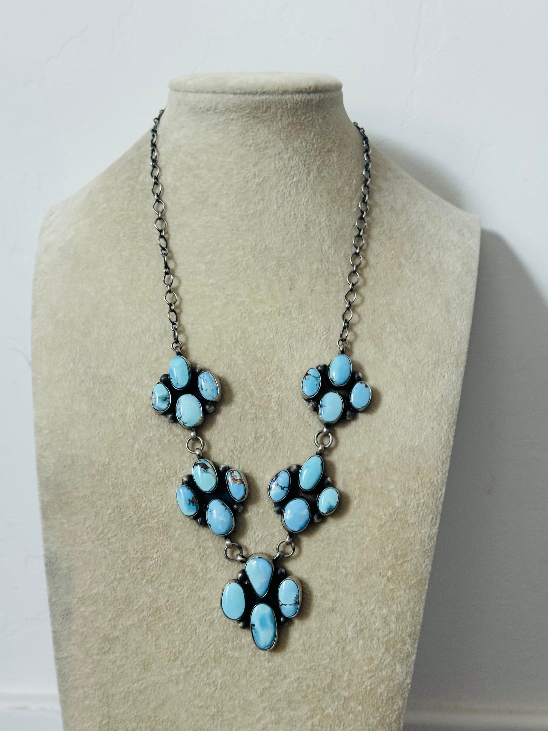 Navajo Made Golden Hills Turquoise & Sterling Silver Cluster Necklace Set