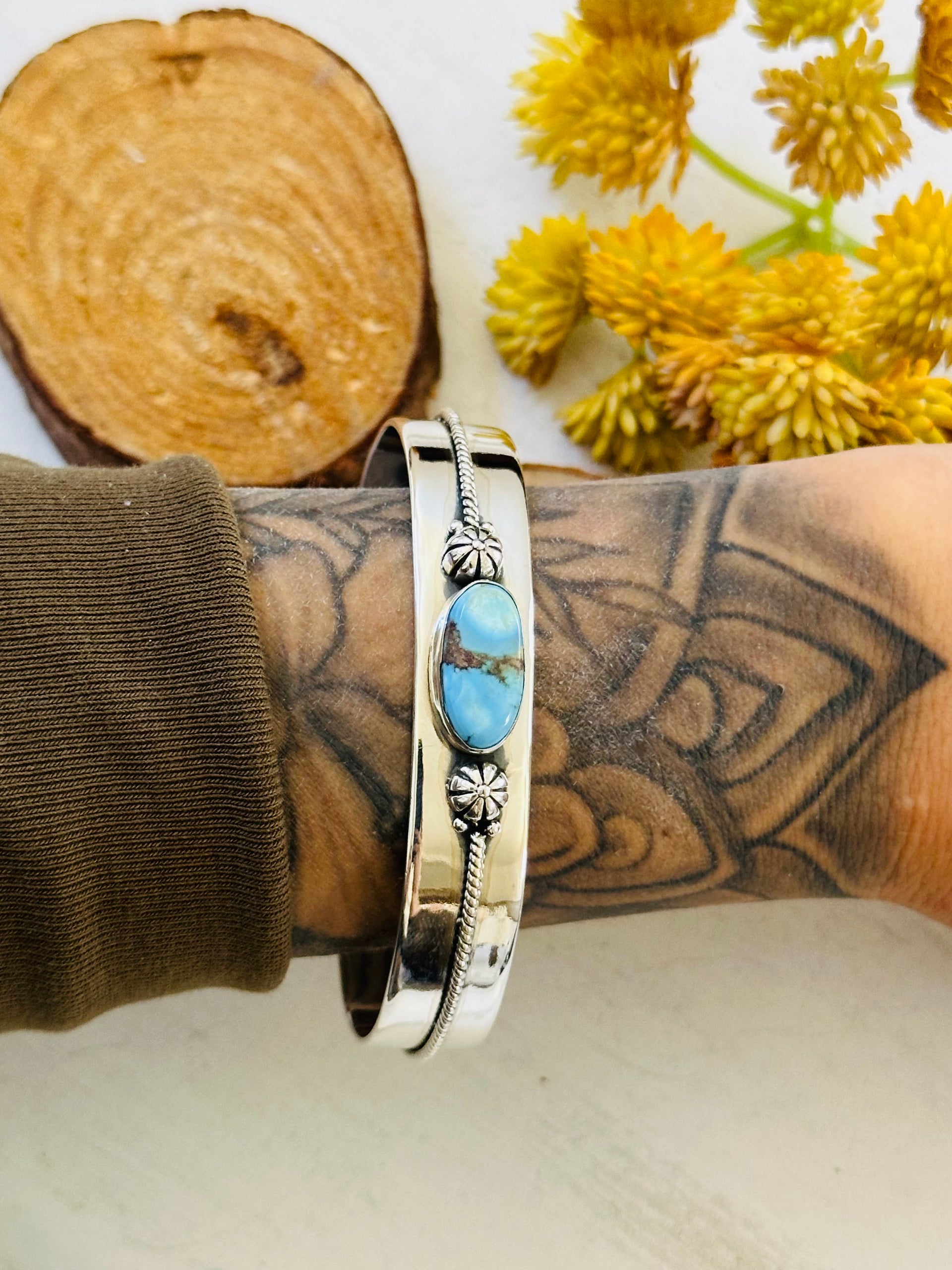 Southwest Made Golden Hills Turquoise & Sterling Silver Cuff Bracelet