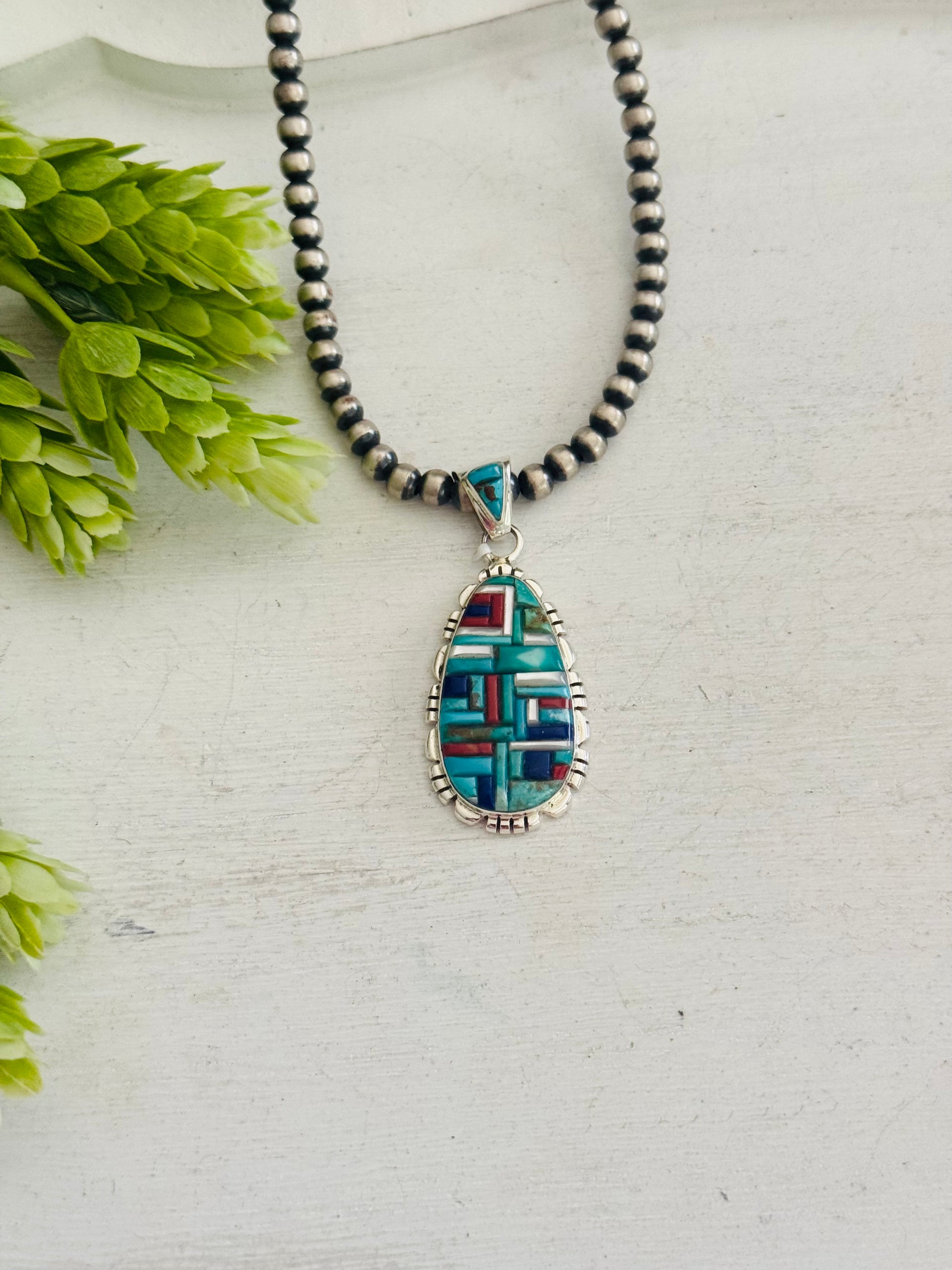 Southwest Multi Stone & Sterling Silver Cobblestone Pendant
