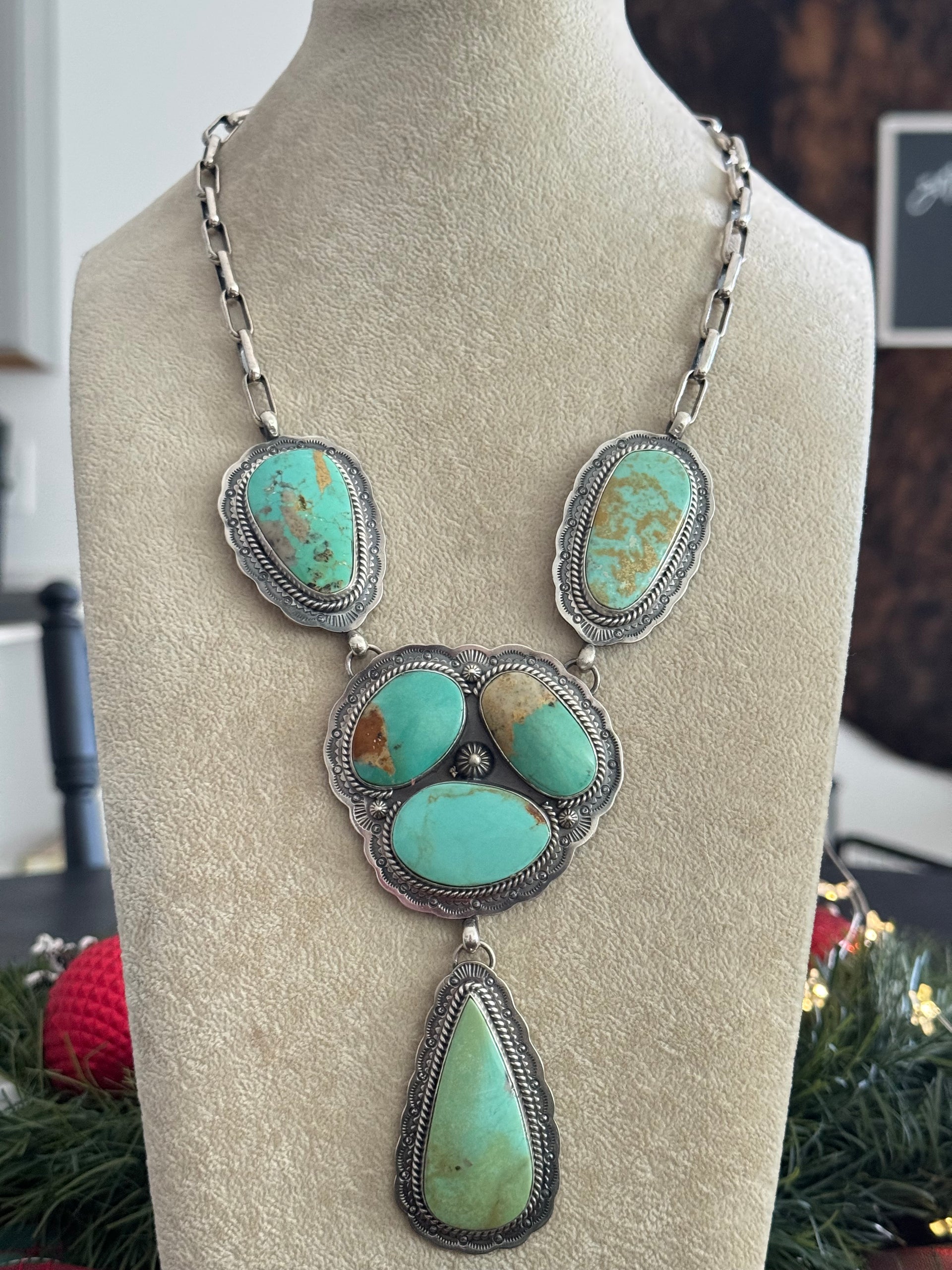 Navajo Made Kingman Turquoise & Sterling Silver Cluster Lariat Necklace