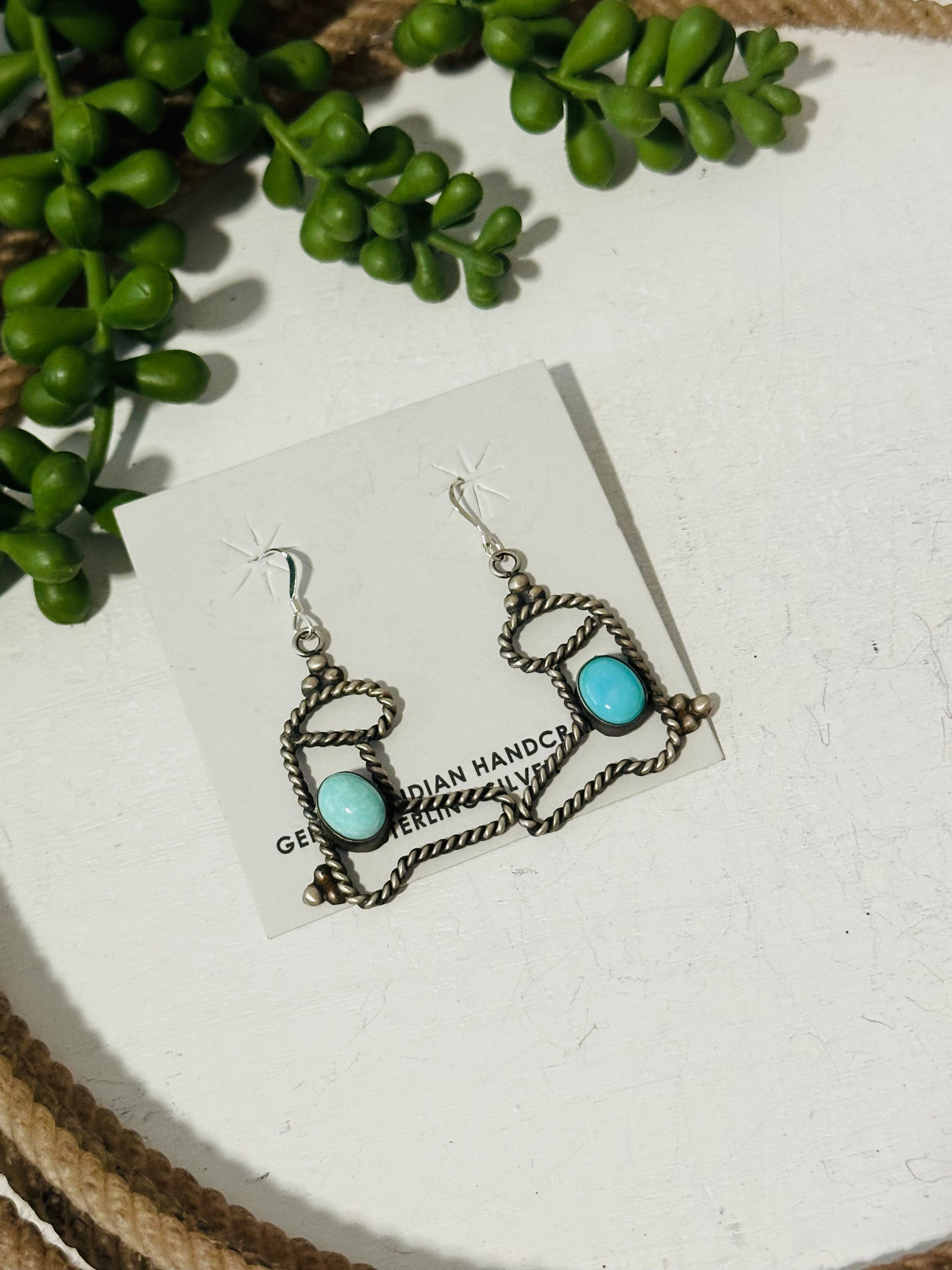 Navajo Made Kingman Turquoise & Sterling Silver Boot Dangle Earrings