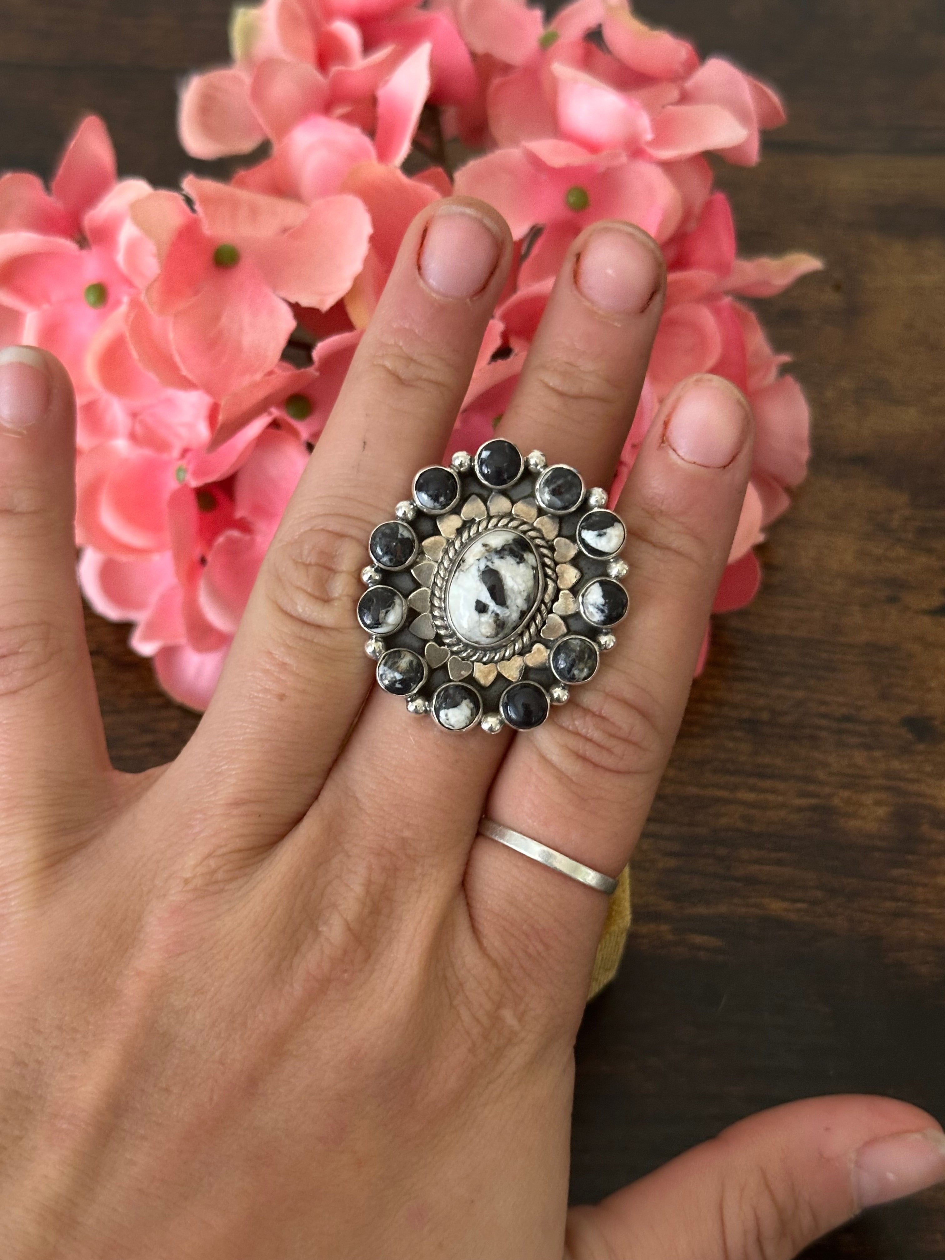 Southwest Handmade White Buffalo & Sterling Silver Cluster Adjustable Ring