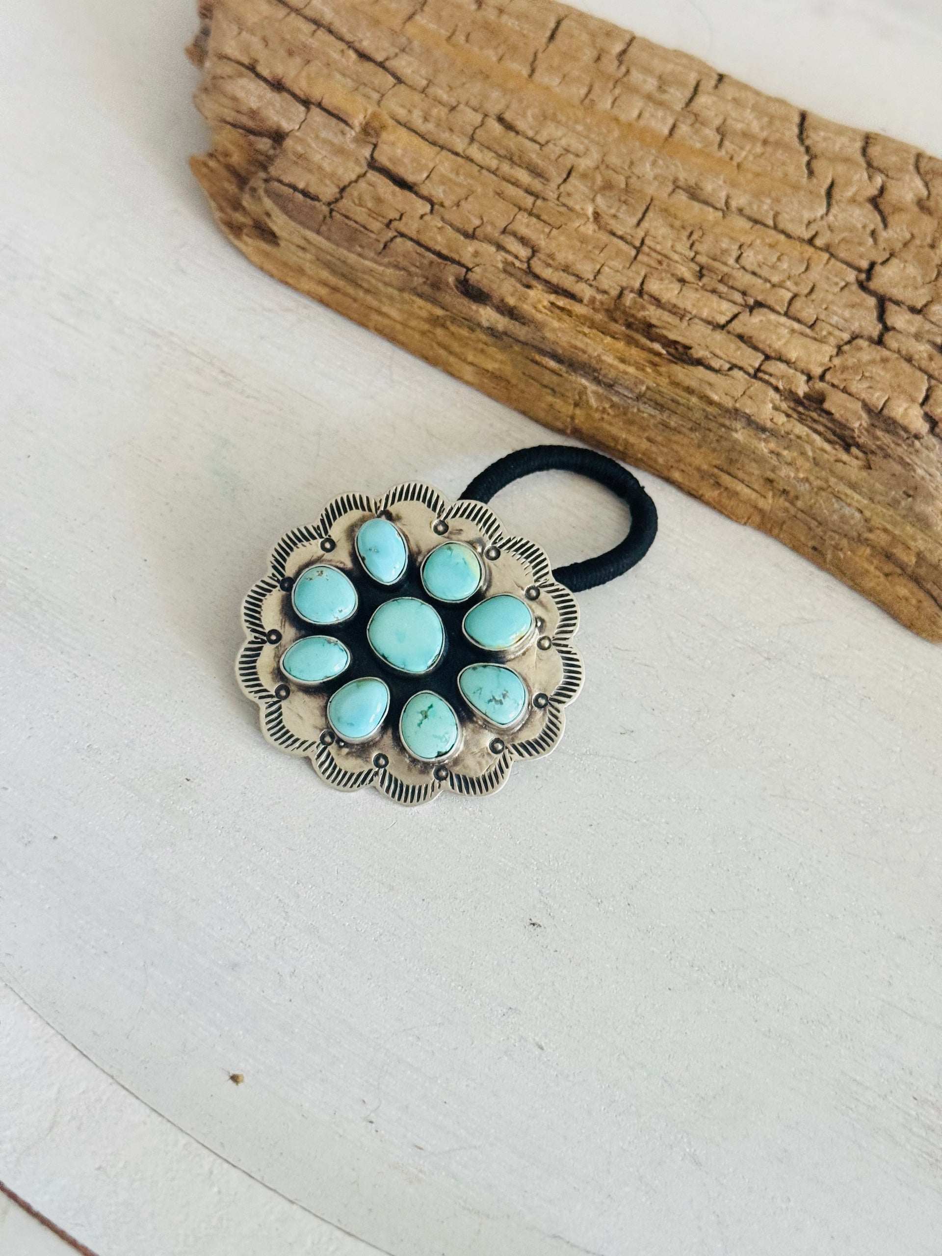 Danny Henio Royston Turquoise & Sterling Silver Concho Ponytail Holder