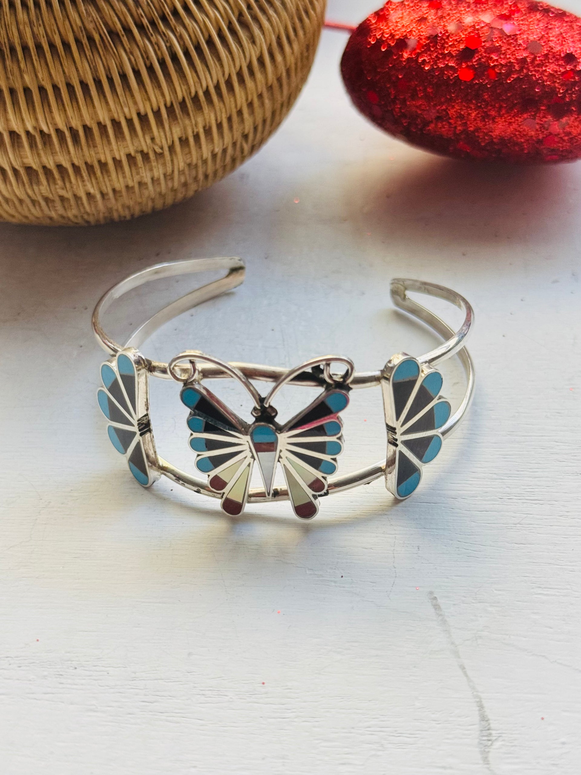 Zuni Made Multi Stone & Sterling Silver Inlay Butterfly Cuff Bracelet