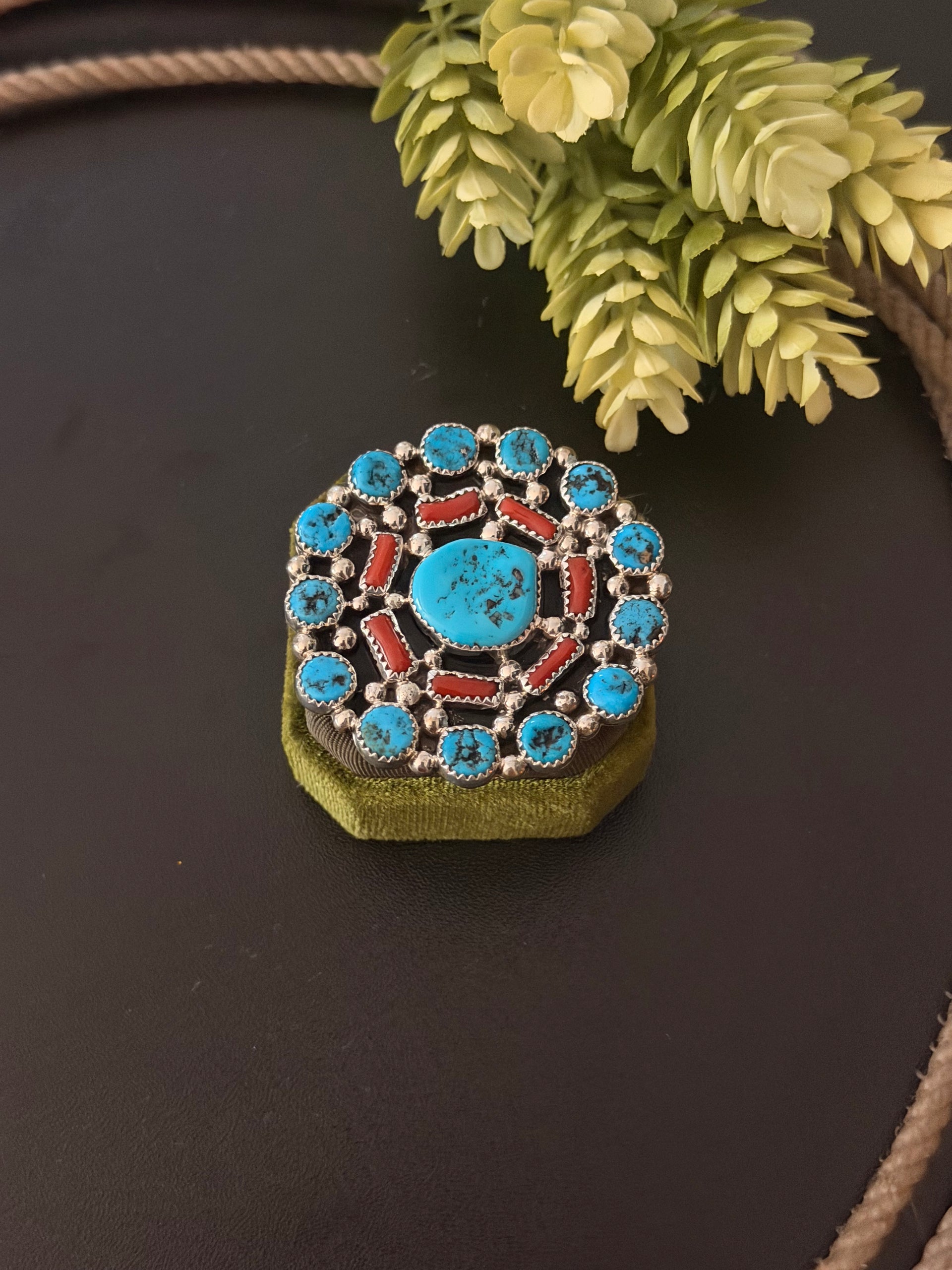 Navajo Made Multi Stone & Sterling Silver Cluster Adjustable Ring
