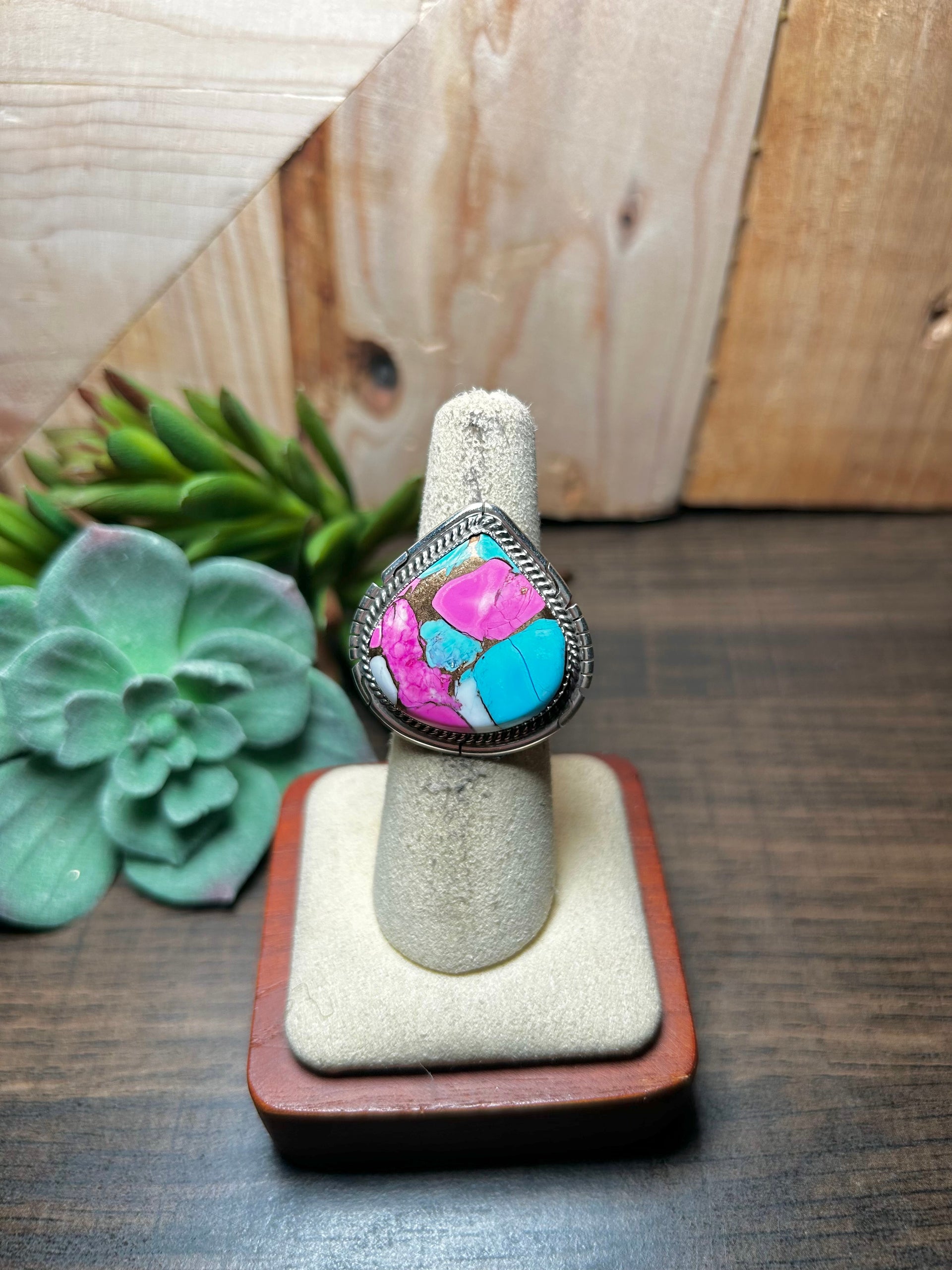 Dane Skeets Cotton Candy Dahlia & Sterling Silver Ring Size 5.75