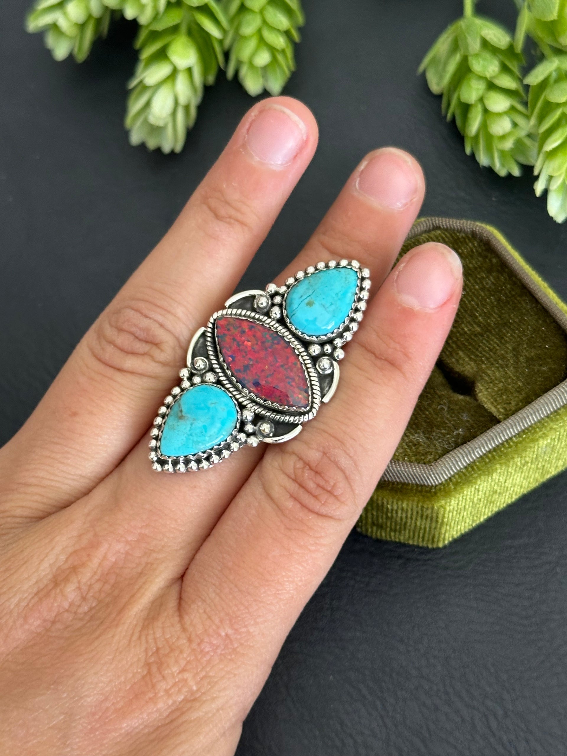 Southwest Handmade Multi Stone & Sterling Silver Adjustable Cluster Ring