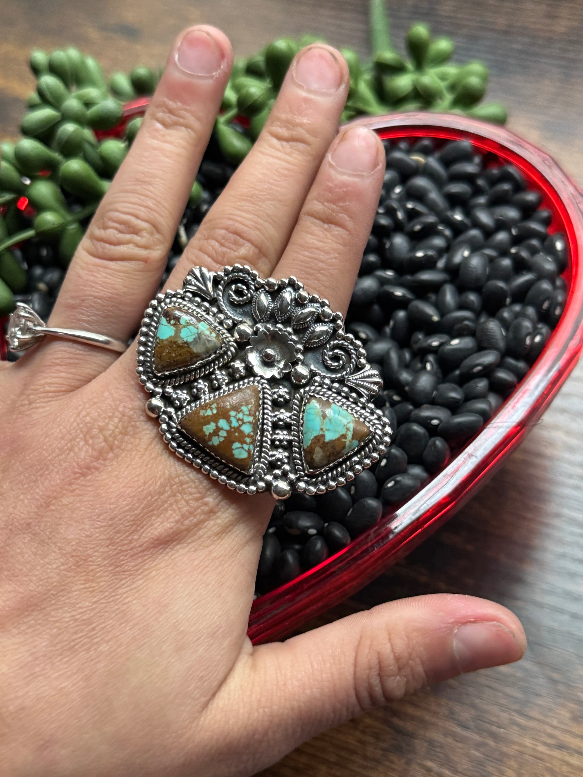 Southwest Handmade #8 Turquoise & Sterling Silver Adjustable Cluster Ring