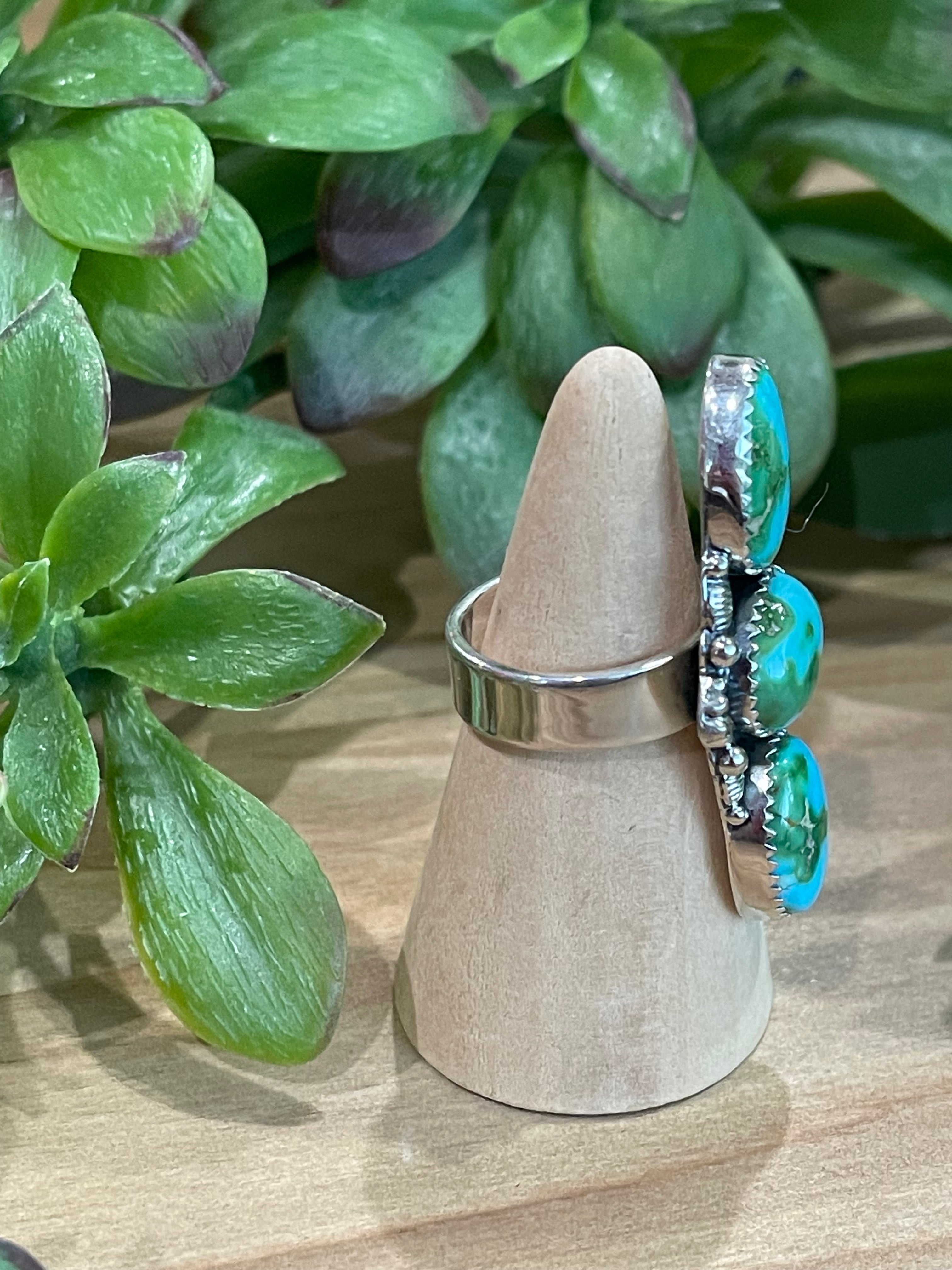 Southwest Handmade Sonoran Mountain Turquoise & Sterling Silver 3 Stone Adjustable Ring