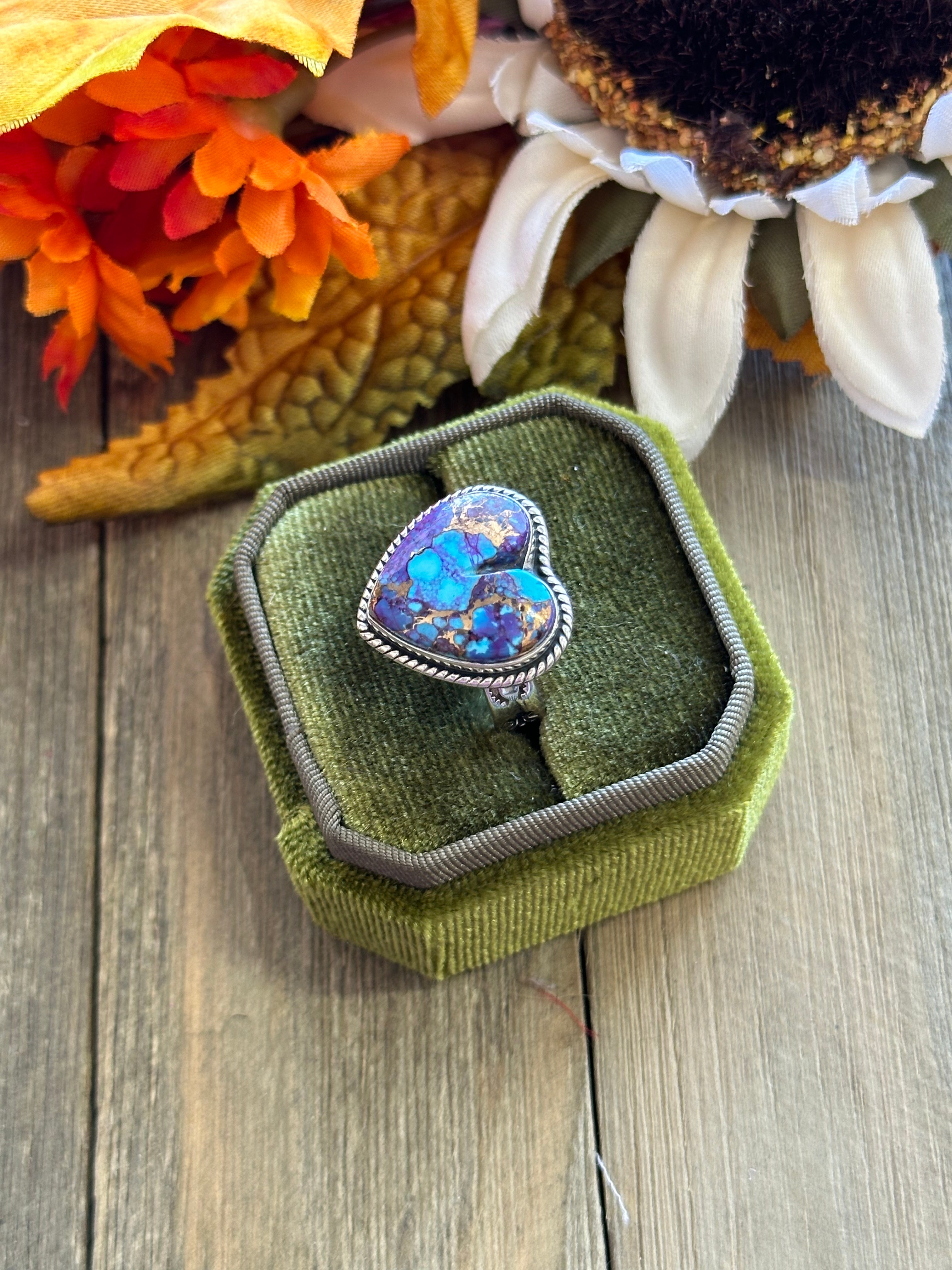 Southwest Handmade Mohave Turquoise & Sterling Silver Adjustable Heart Ring