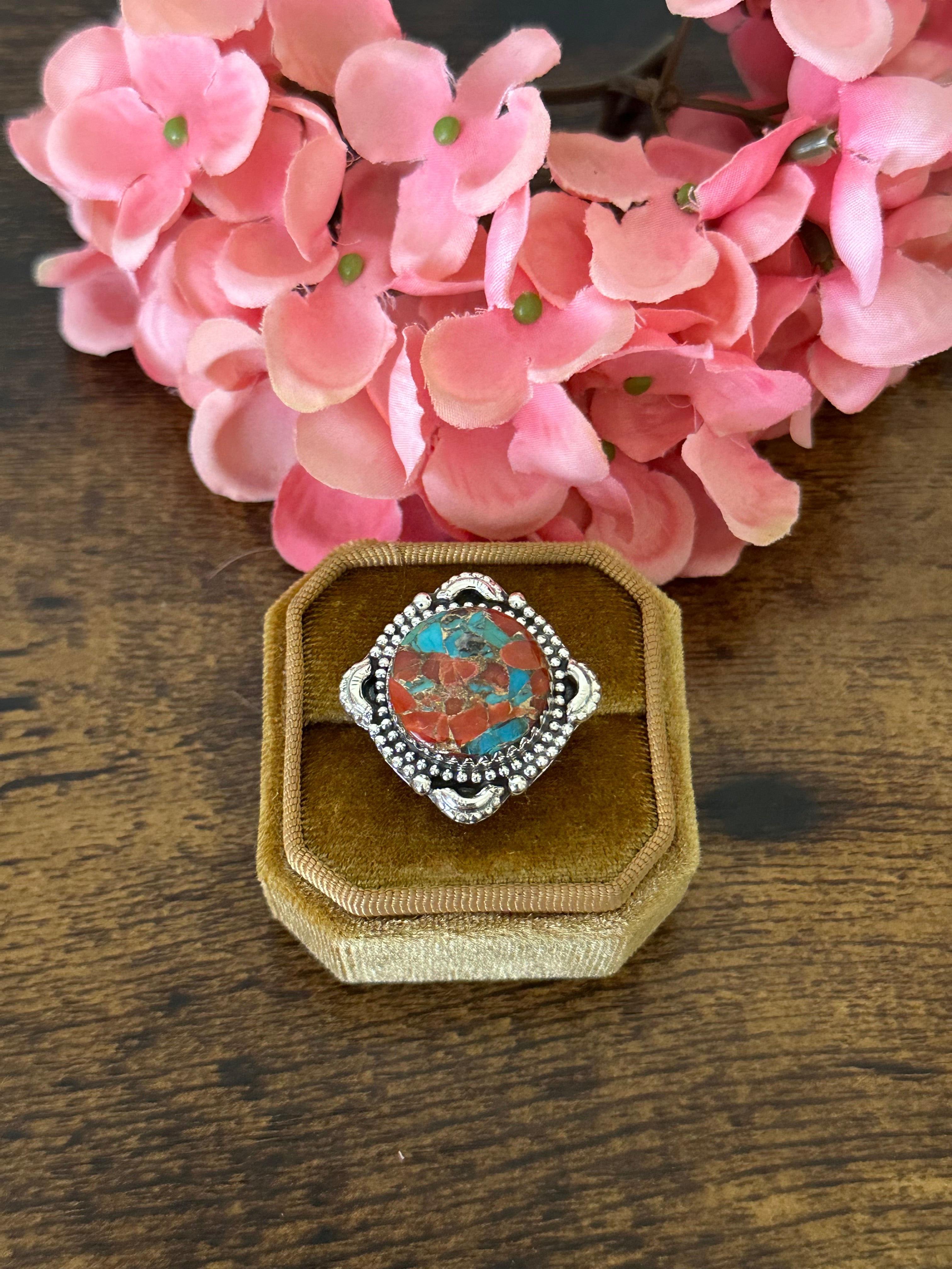 Southwest Handmade Red Mohave Turquoise & Sterling Silver Ring Size 8.5