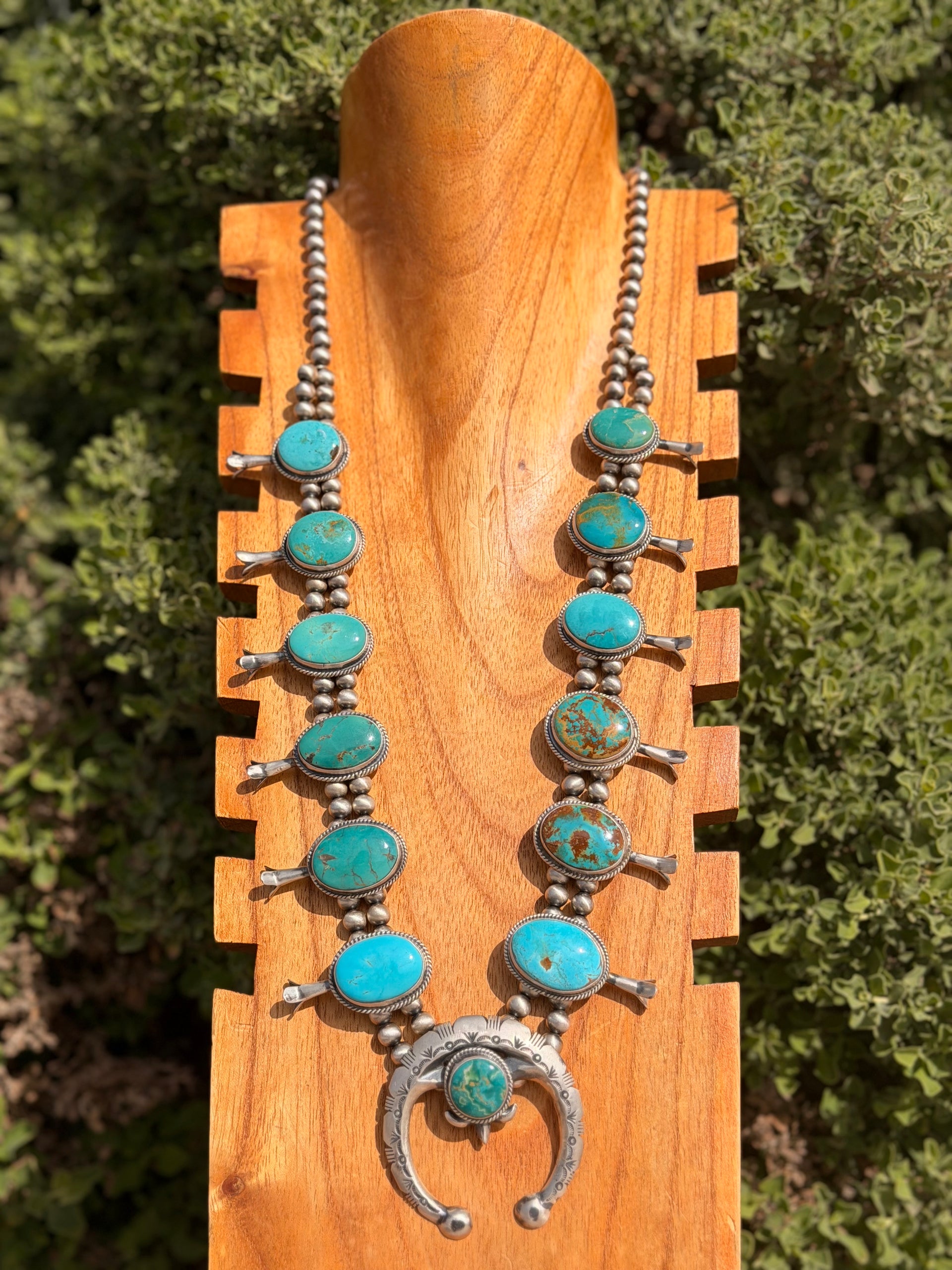 Navajo Made Royston Turquoise & Sterling Silver Squash Blossom Necklace Set