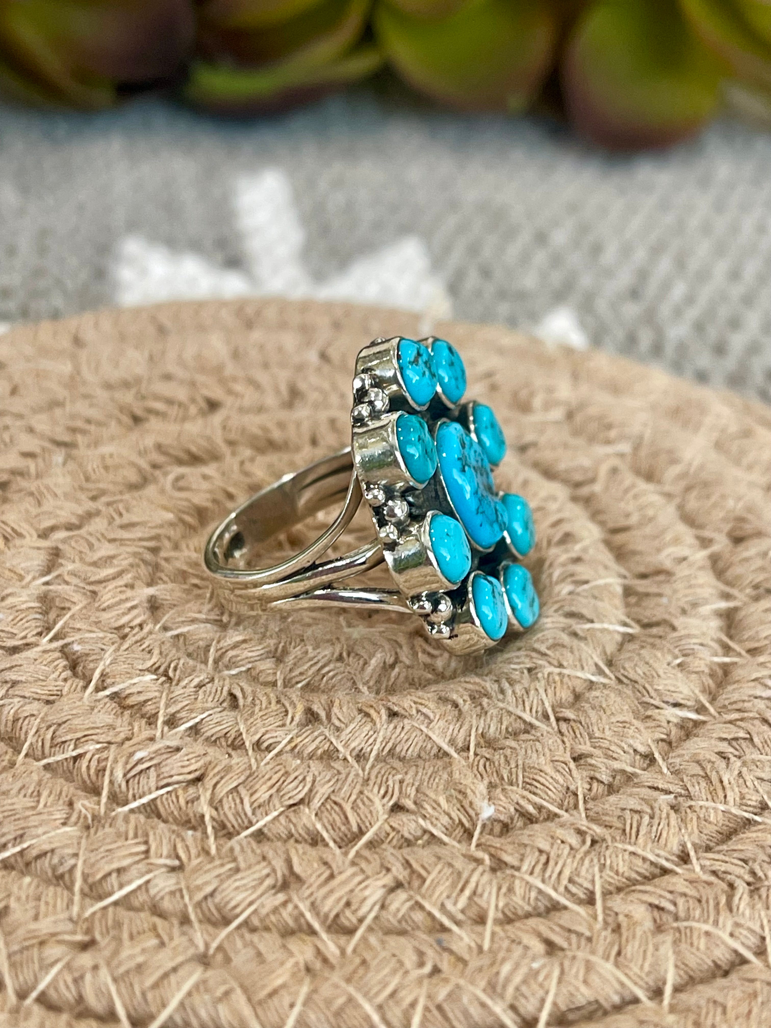 Southwest Handmade Kingman Turquoise & Sterling Silver Size 6.5 Cluster Flower Ring