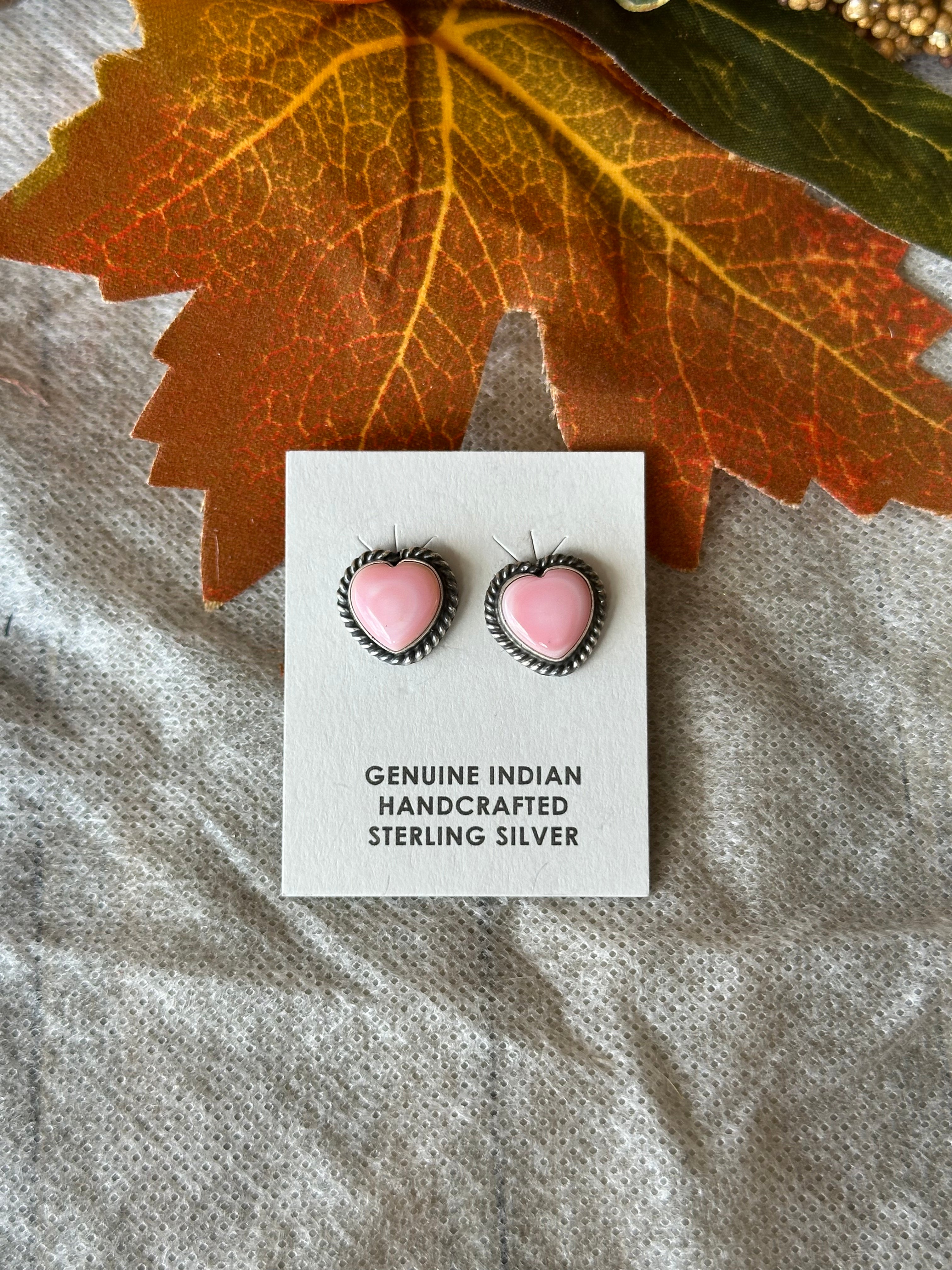 Navajo Made Pink Conch & Sterling Silver Post Heart Earrings