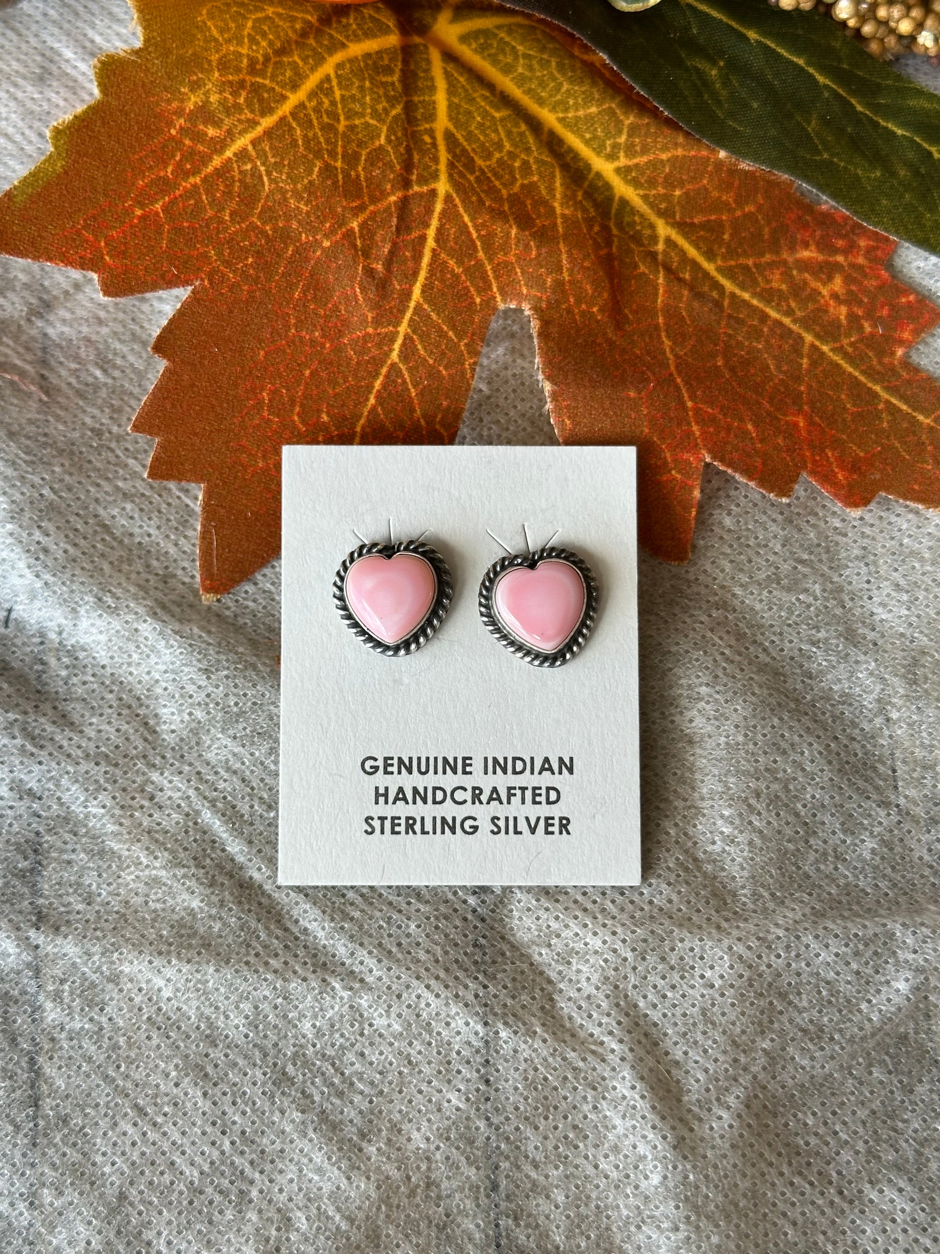 Navajo Made Pink Conch & Sterling Silver Post Heart Earrings