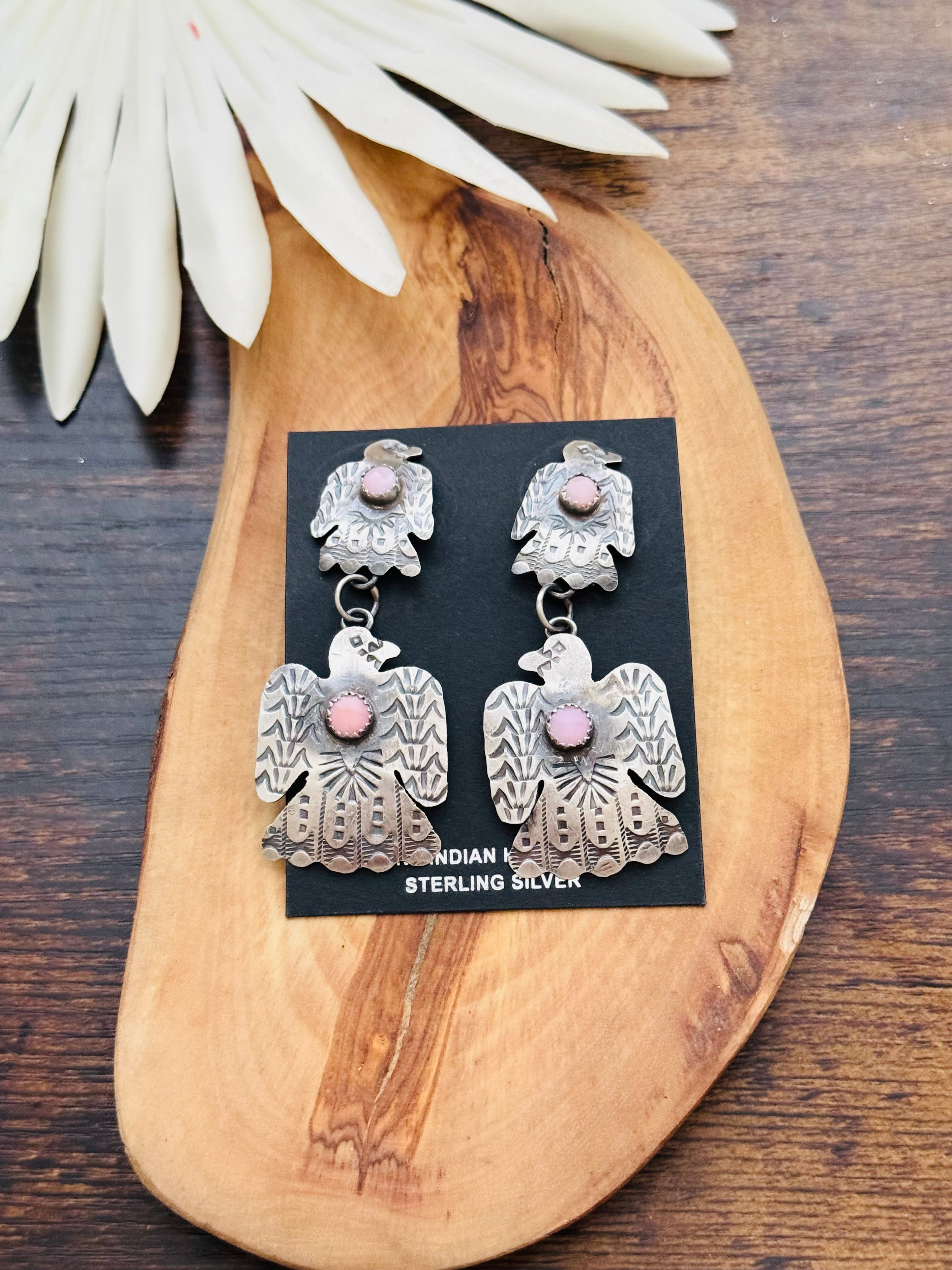 Tonya Yazzie Pink Conch & Sterling Silver Thunderbird Post Dangle Earrings