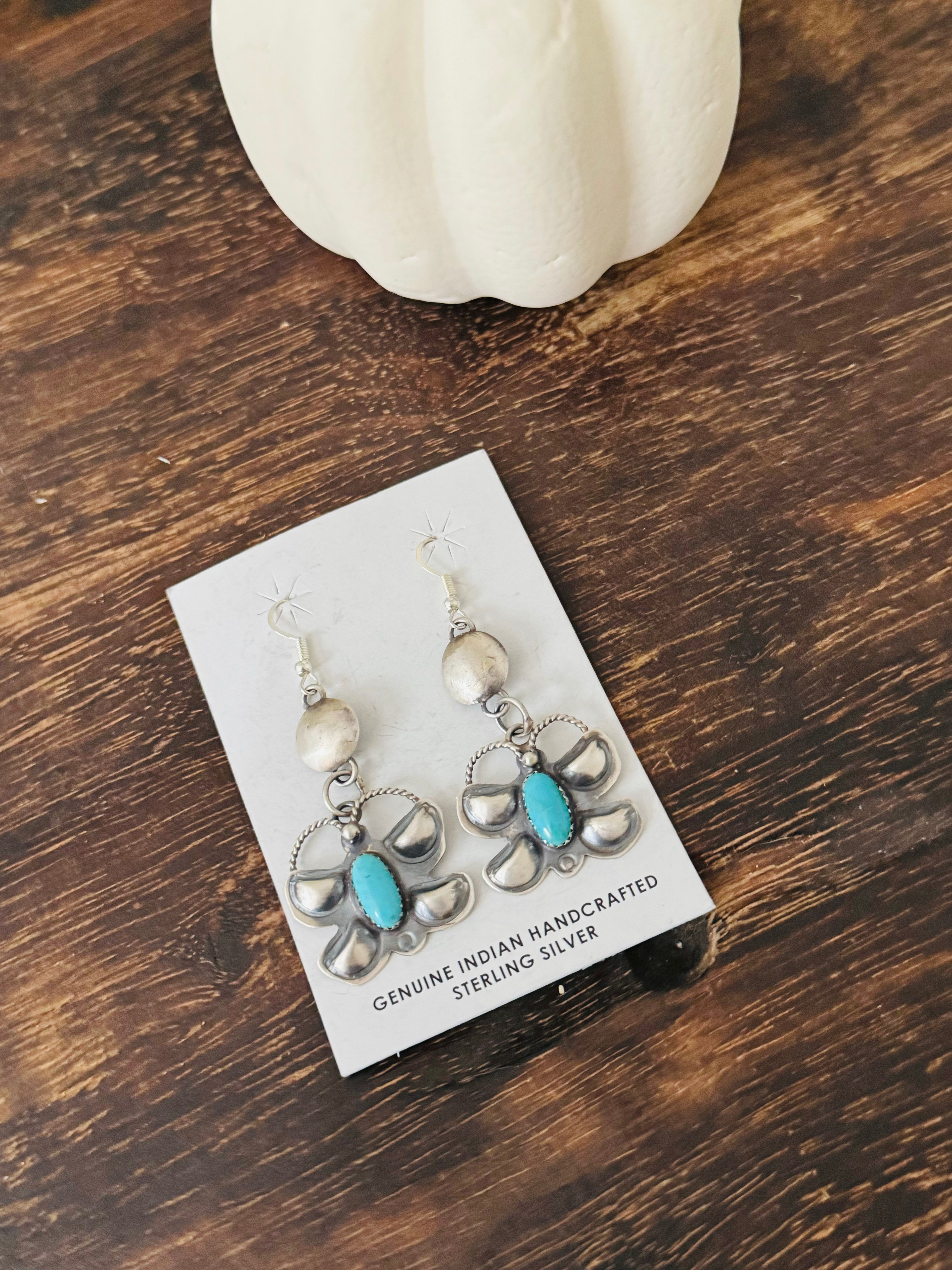 Tonya Yazzie Kingman Turquoise & Sterling Silver Butterfly Dangle Earrings