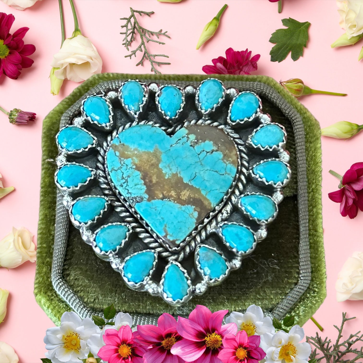 Southwest Handmade Multi Turquoise & Sterling Silver Heart Cluster Adjustable Ring