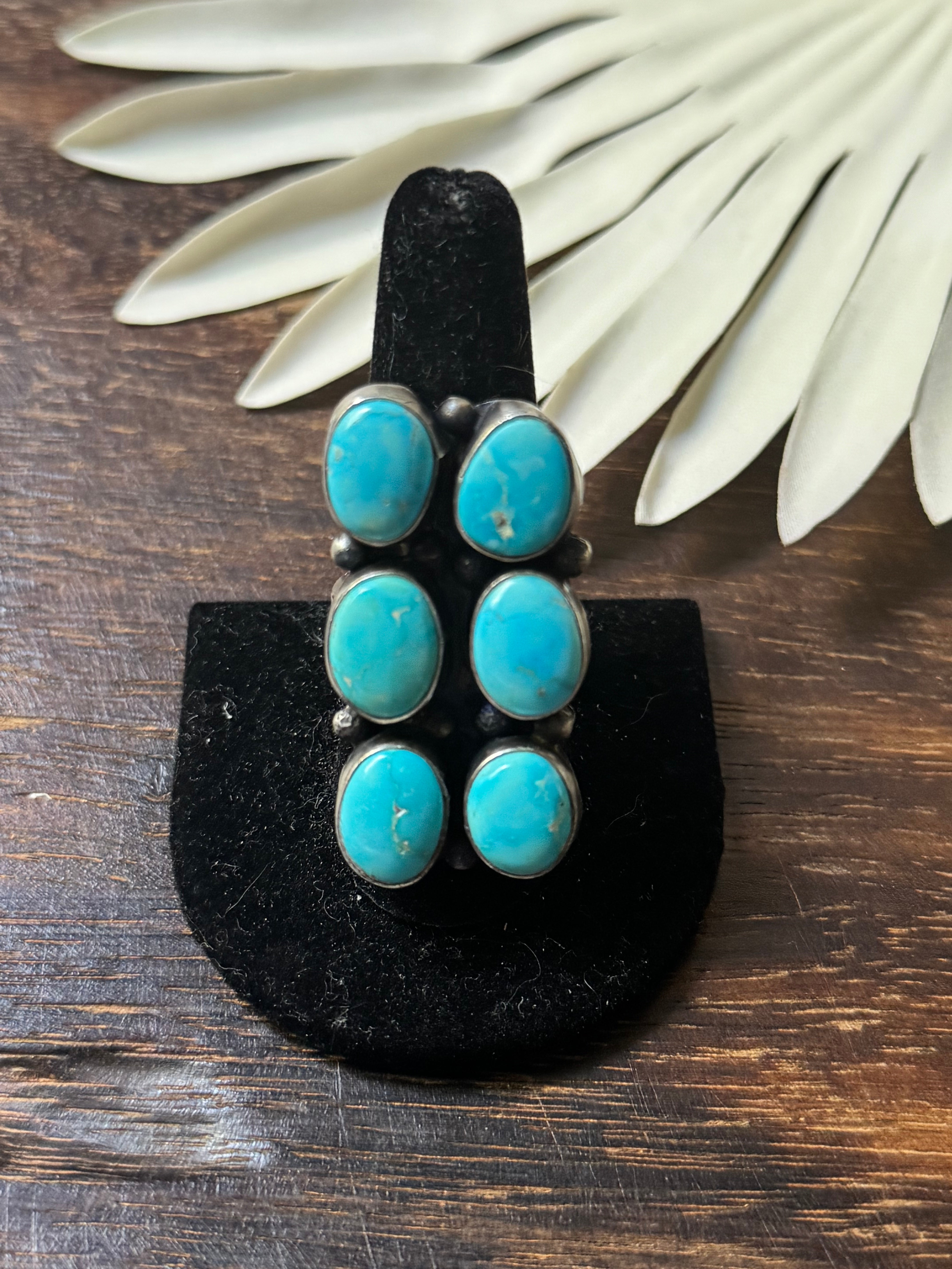 Navajo Made Kingman Turquoise & Sterling Silver Cluster Ring Size 9