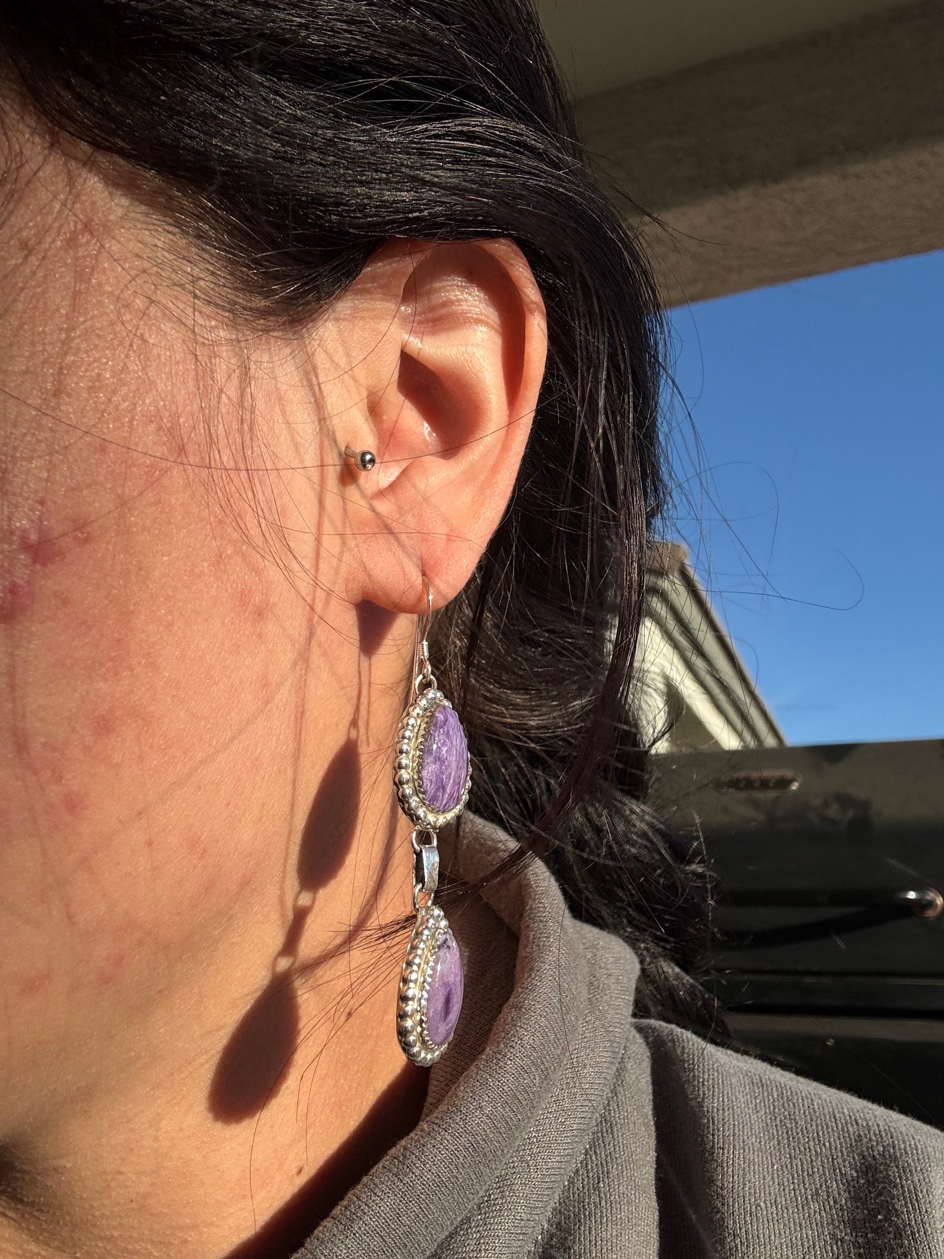 Navajo Charoite & Sterling Silver Dangle Earrings