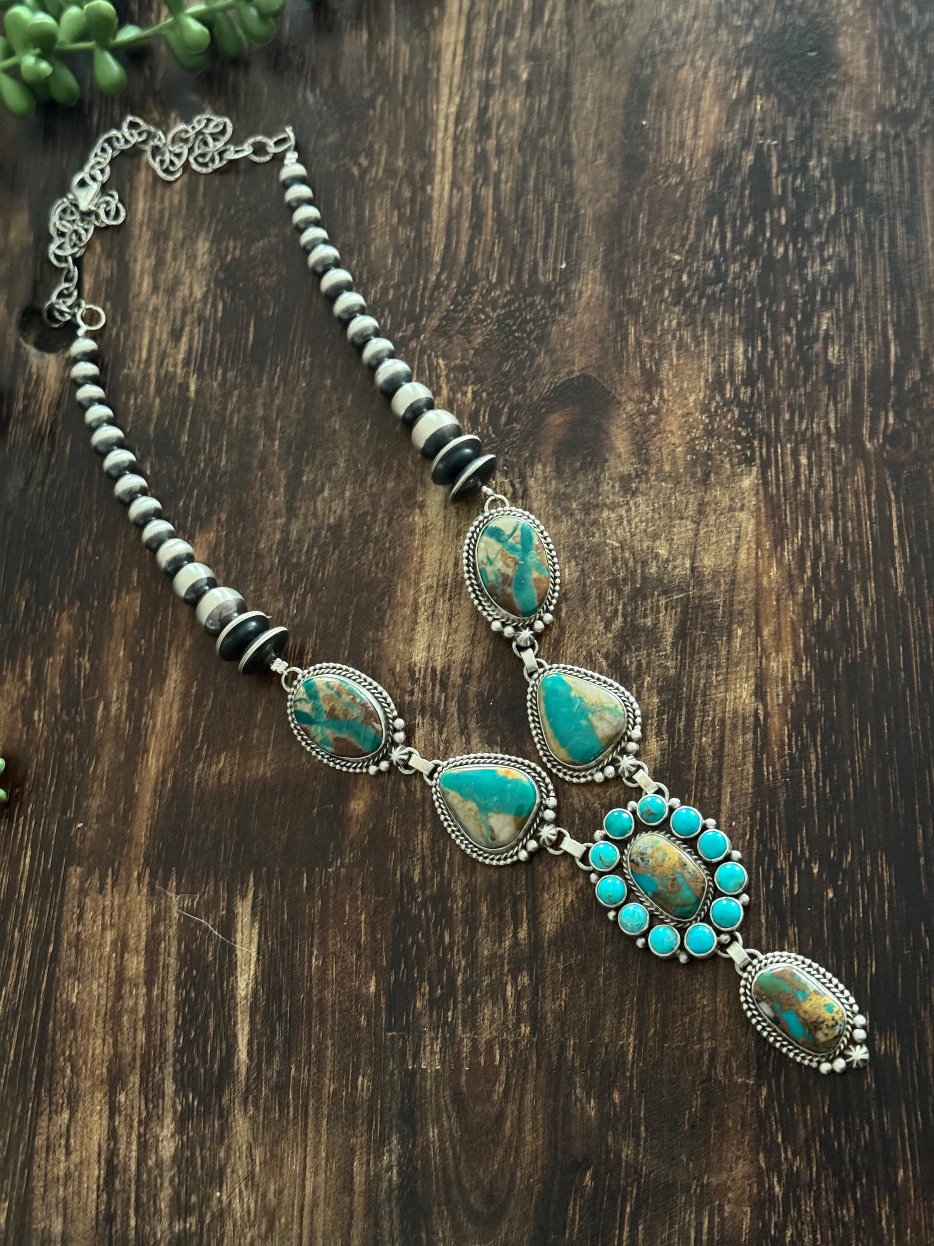 Eli Skeets Mixed Turquoise & Sterling Silver Graduated Pearl Cluster Lariat Necklace