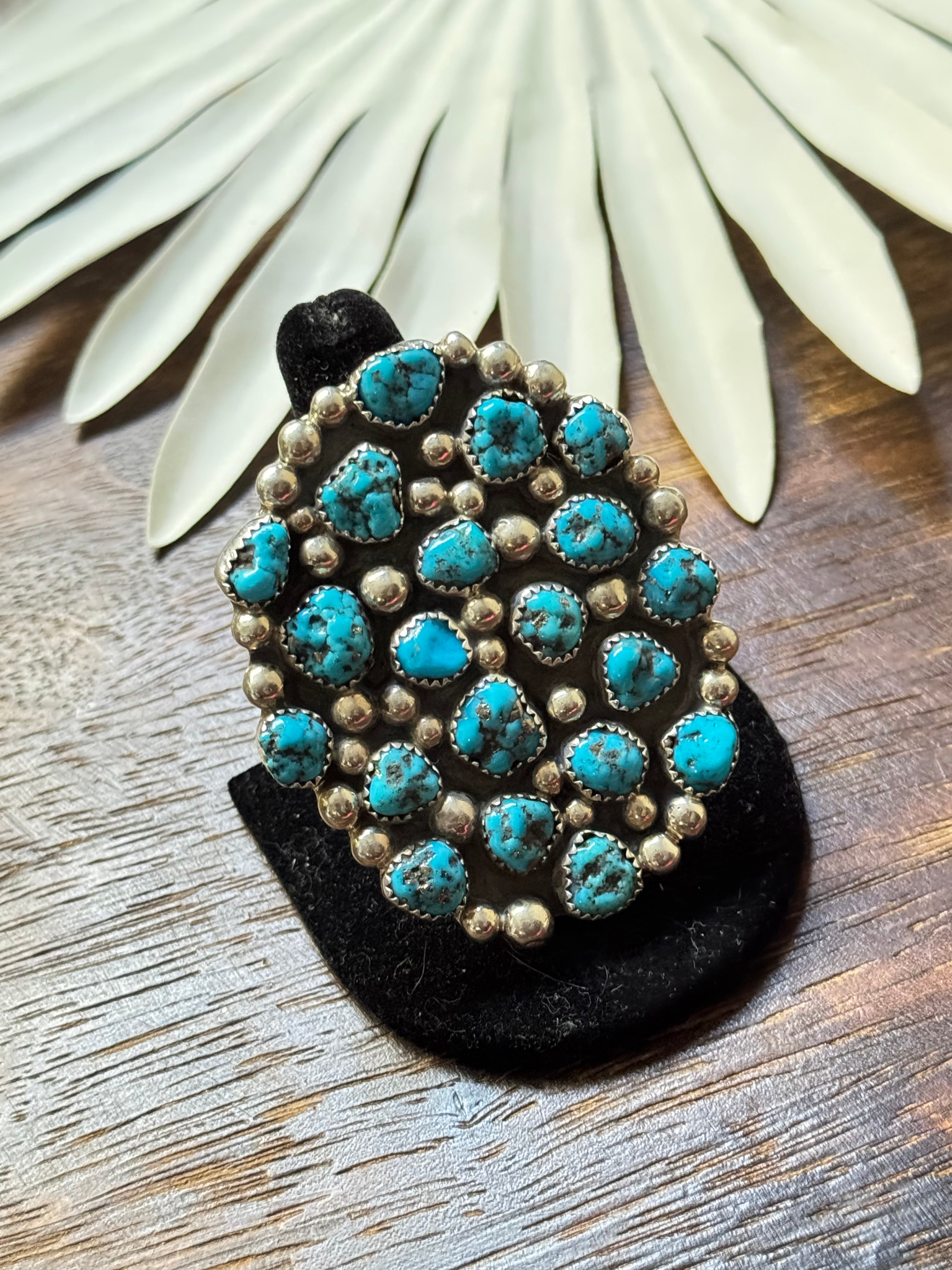 Navajo Made Kingman Turquoise & Sterling Silver Cluster Ring Size 9.25