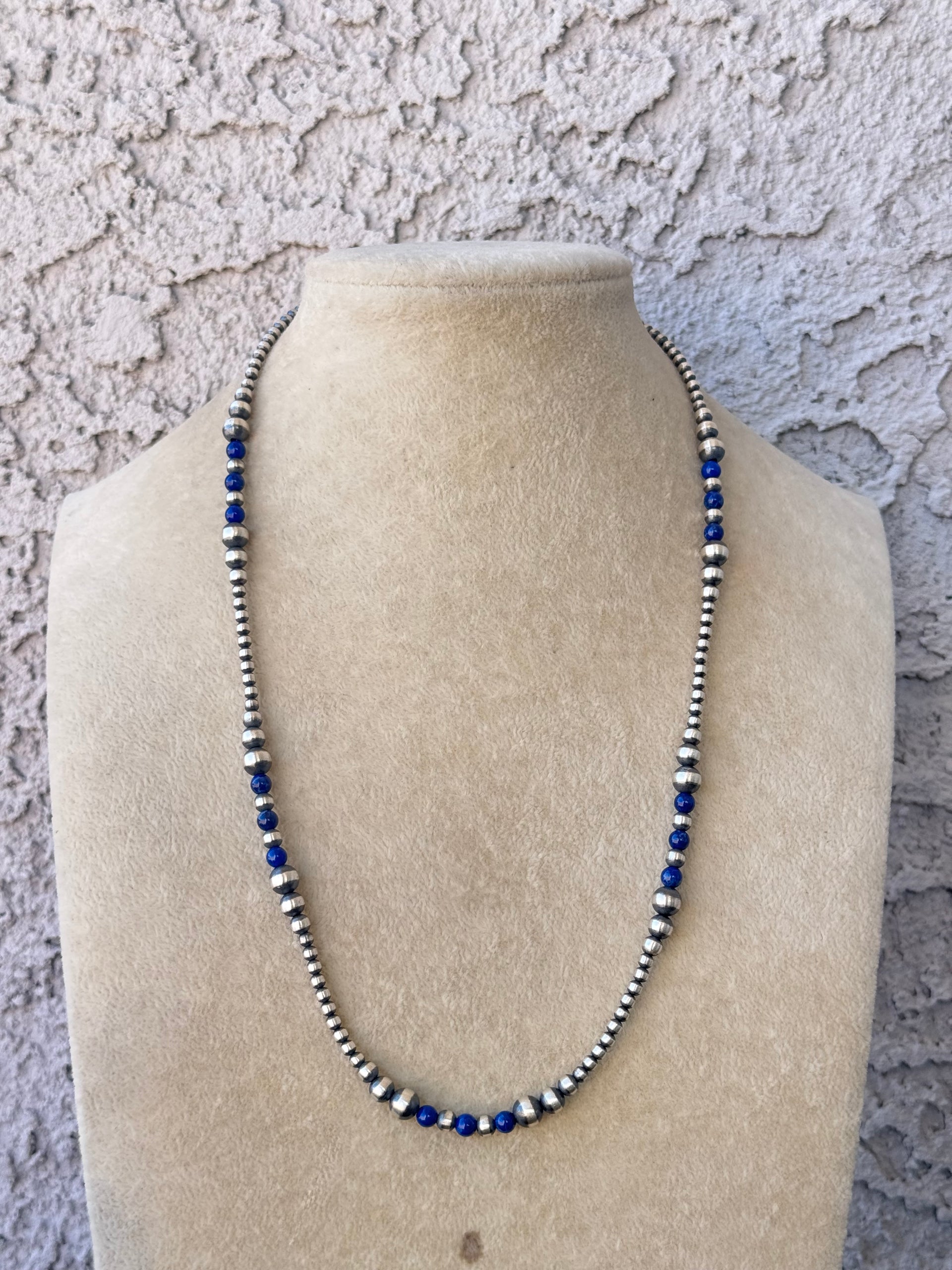 Navajo Strung Lapis & Sterling Silver Graduated Pearl Necklace
