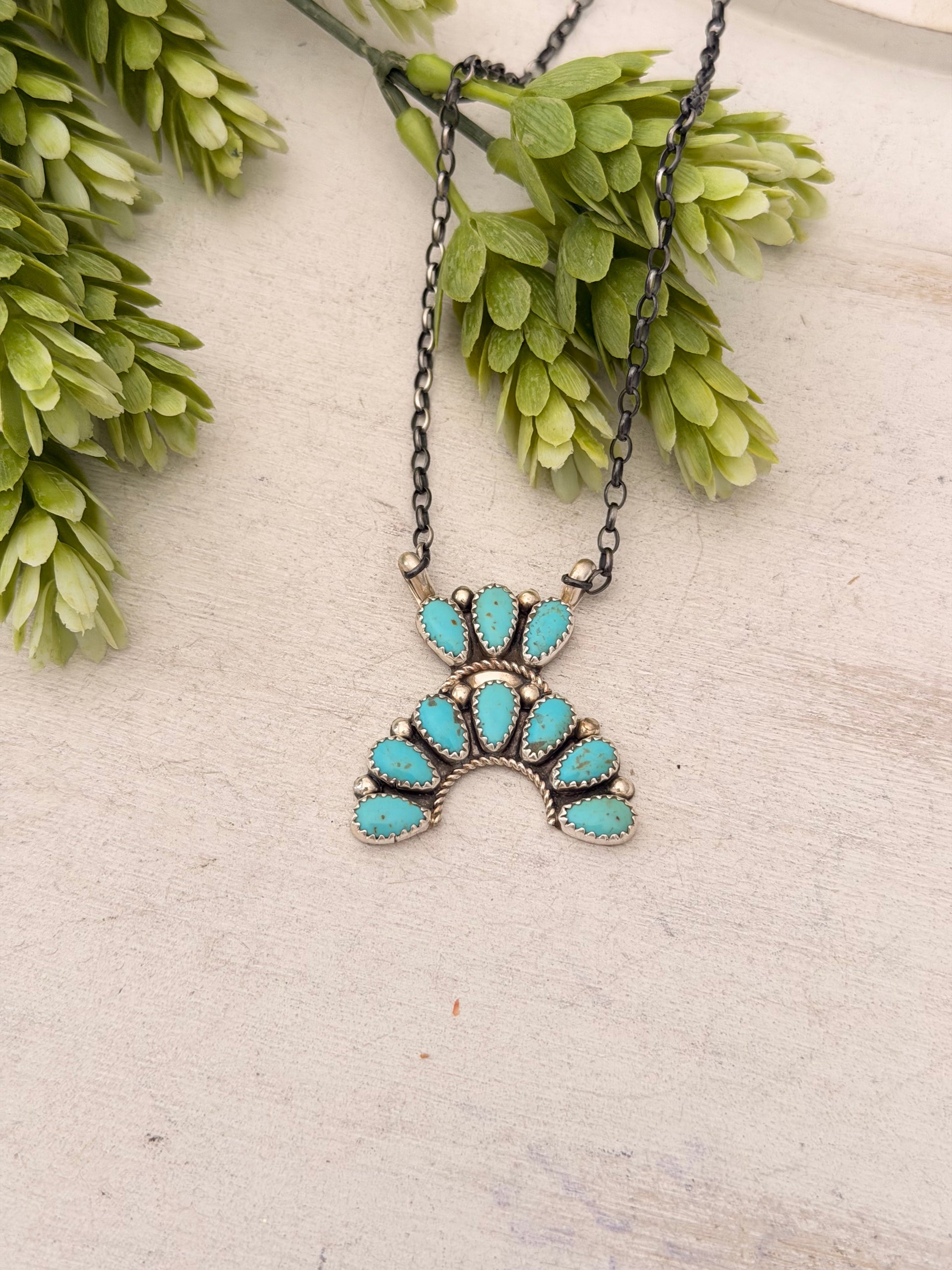 Rodney Notah Kingman Turquoise and Sterling Silver Petite Cluster Necklace