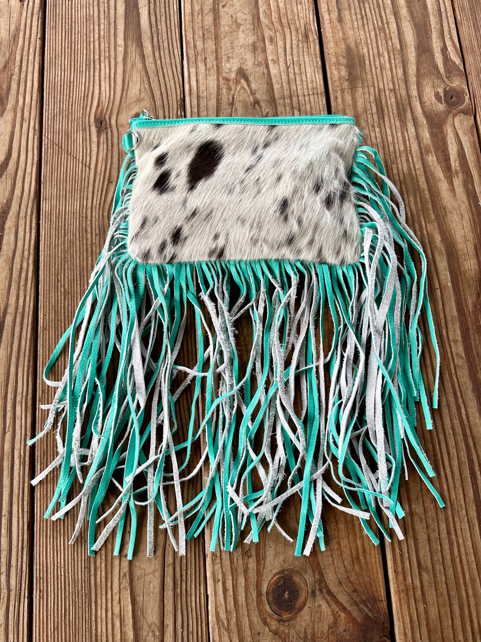 Genuine Leather Cowhide Tooled Cross Body Fringe Purse