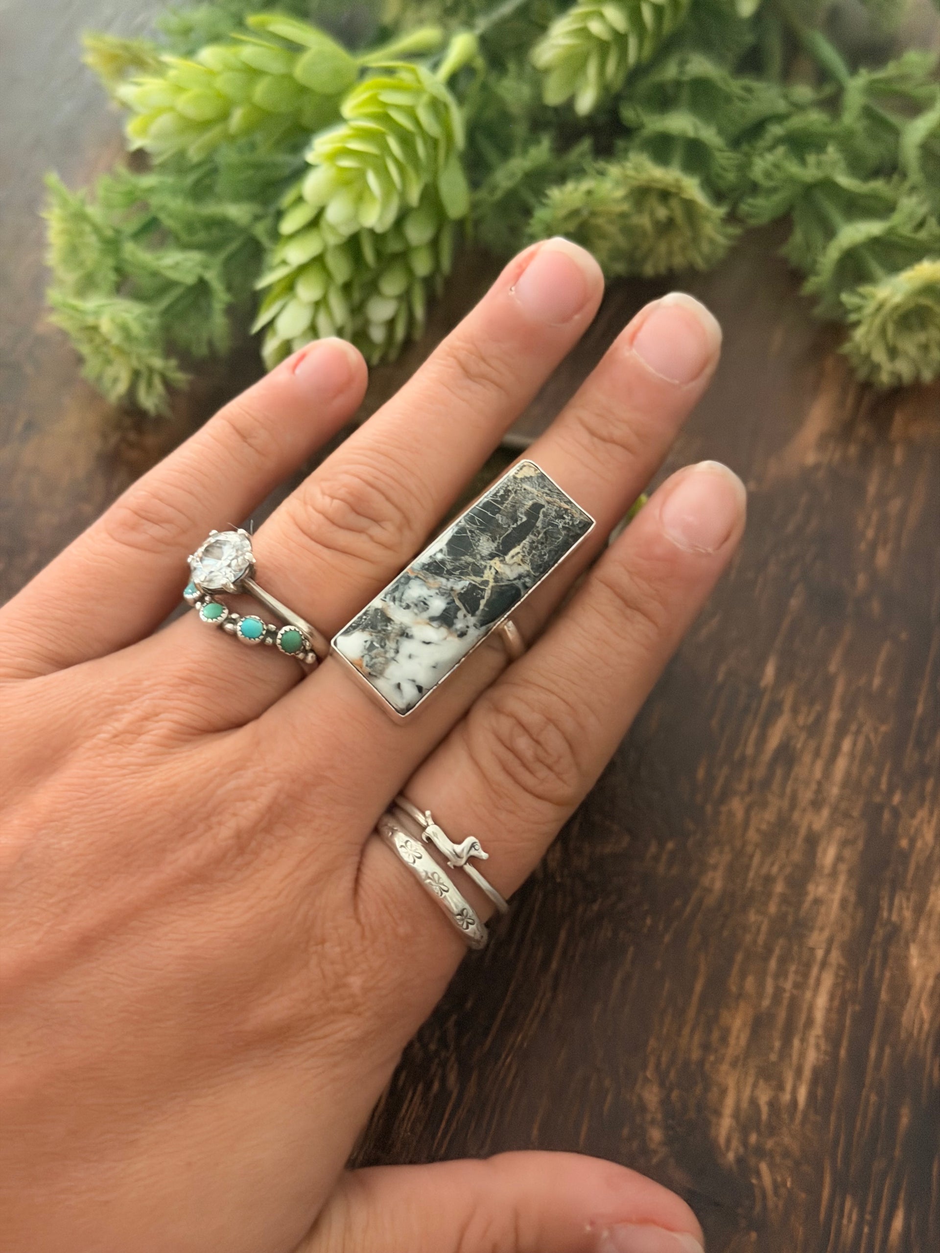 Navajo Made White Buffalo & Sterling Silver Adjustable Ring
