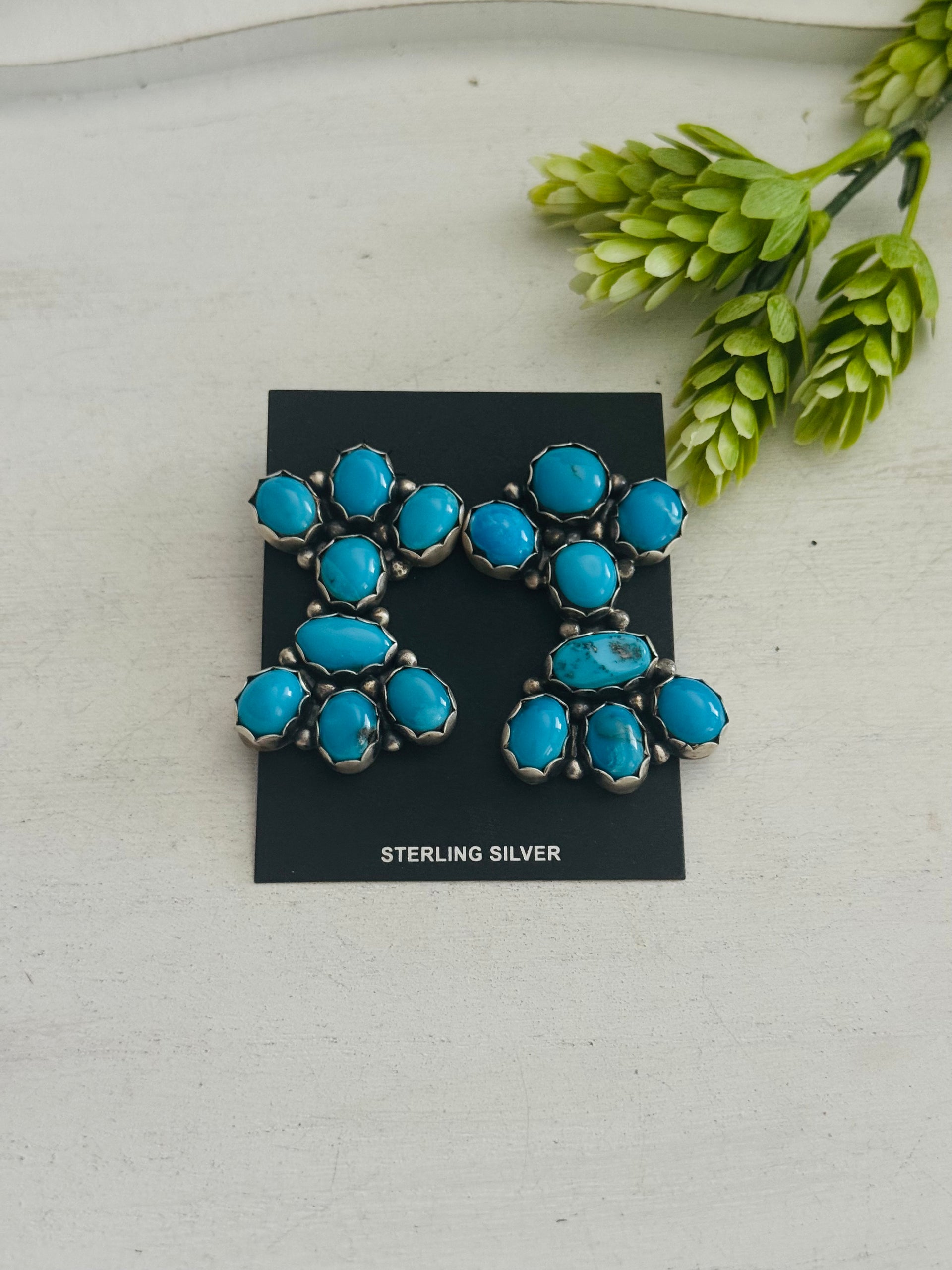 Sheila Becenti Kingman Turquoise & Sterling Silver Post Dangle Cluster Earrings