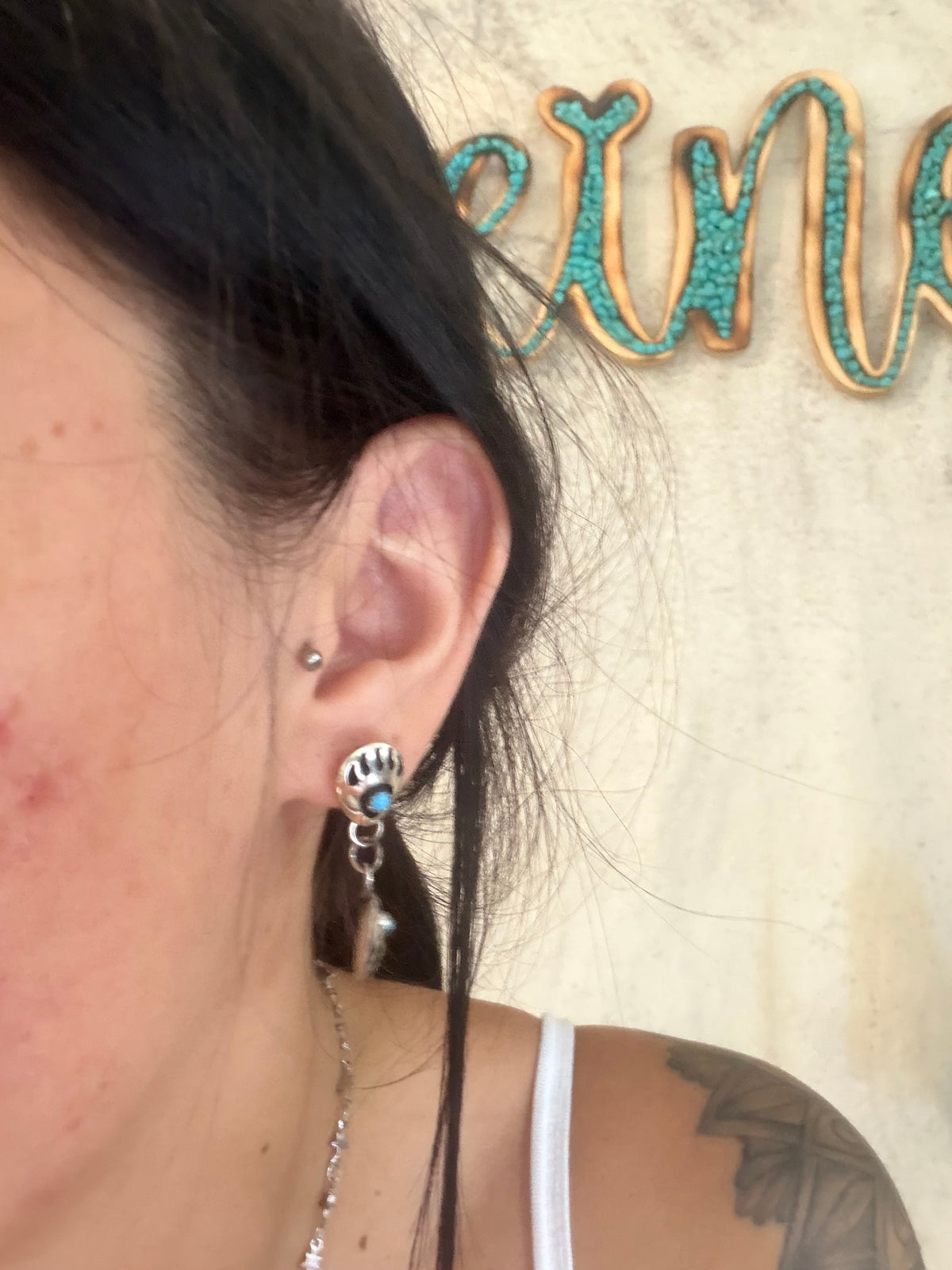 Navajo Made Kingman Turquoise & Sterling Silver Post Dangle Bear Claw Earrings