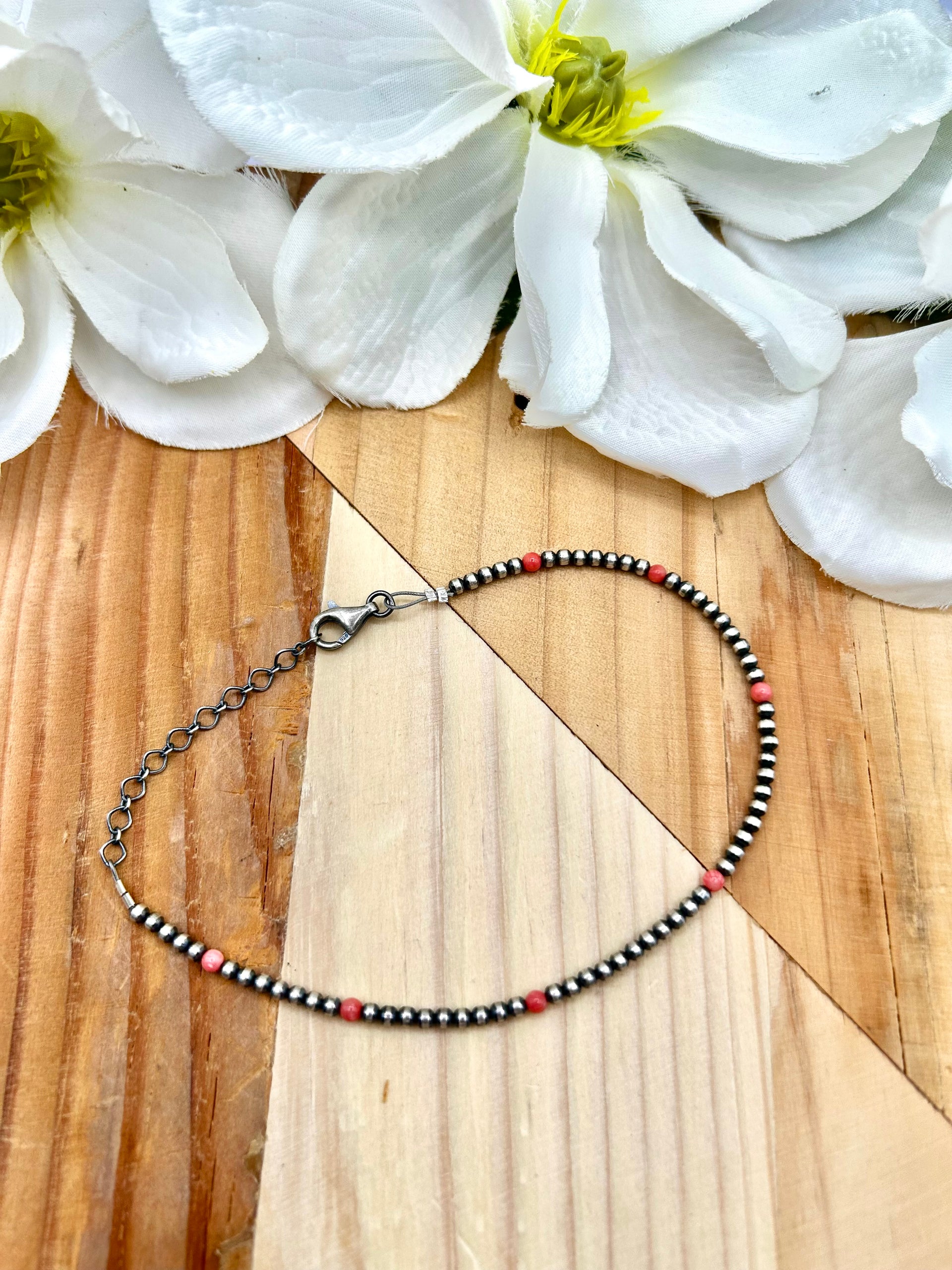 Navajo Made Pink Opal & Sterling Silver Strung Anklet