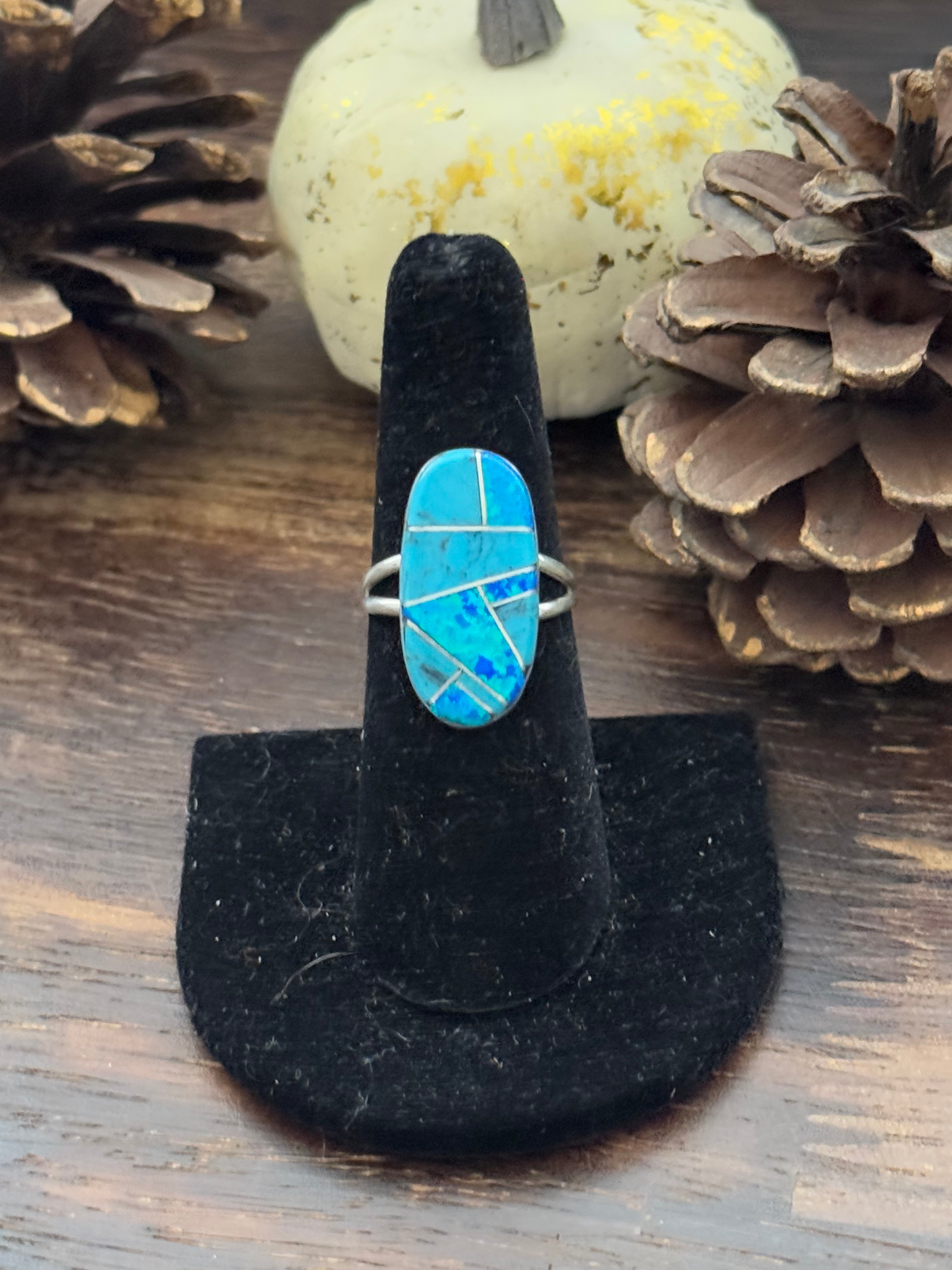 Navajo Made Multi Stone & Sterling Silver Inlay Ring Size 7.5