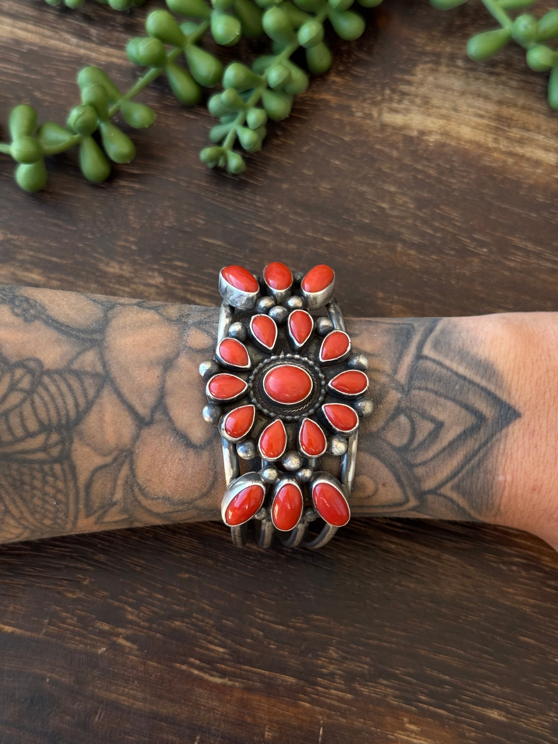 Kathleen Livingston Natural Coral & Sterling Silver Cluster Cuff Bracelet