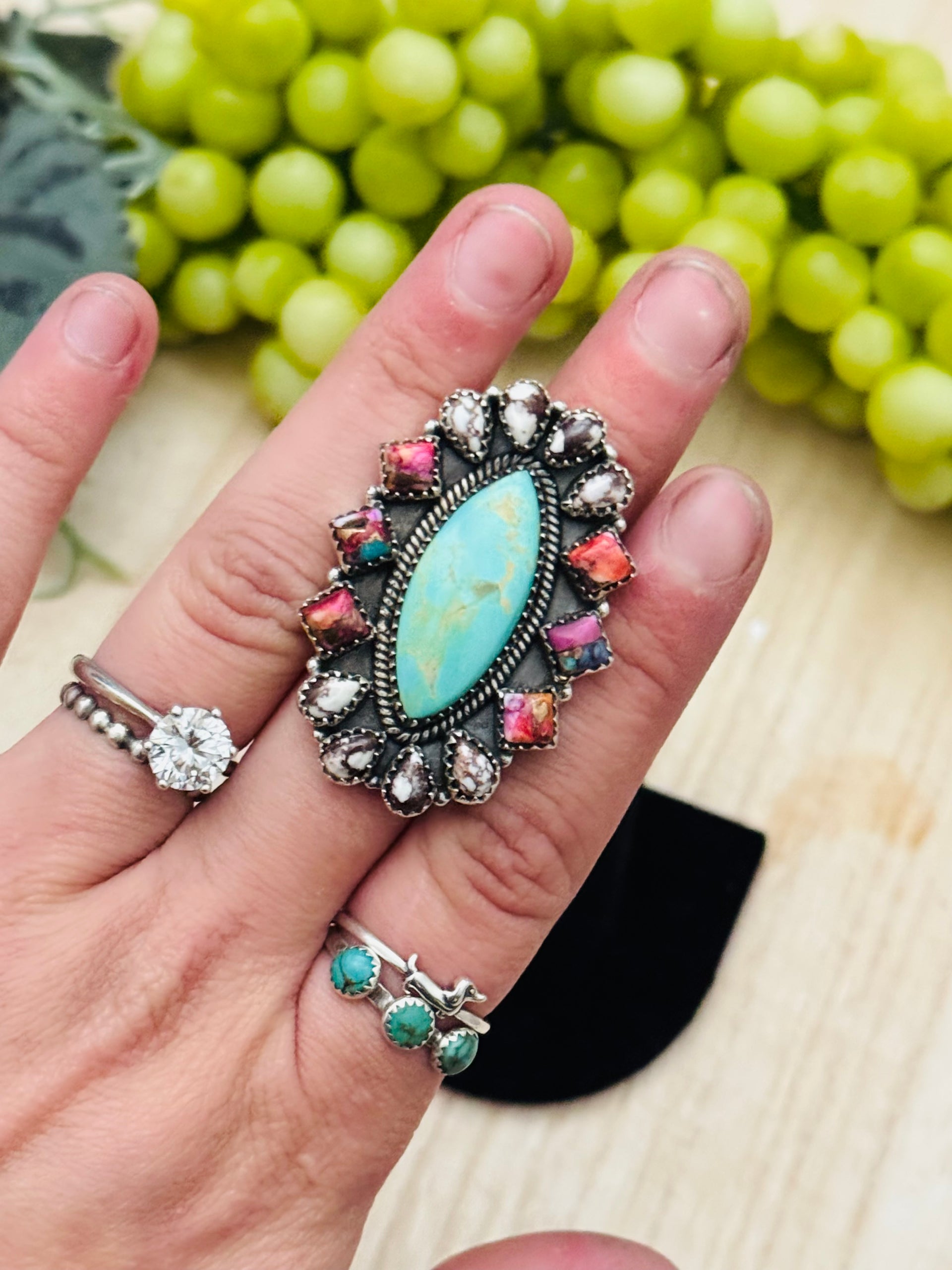 Southwest Handmade Multi Stone & Sterling Silver Adjustable Cluster Ring
