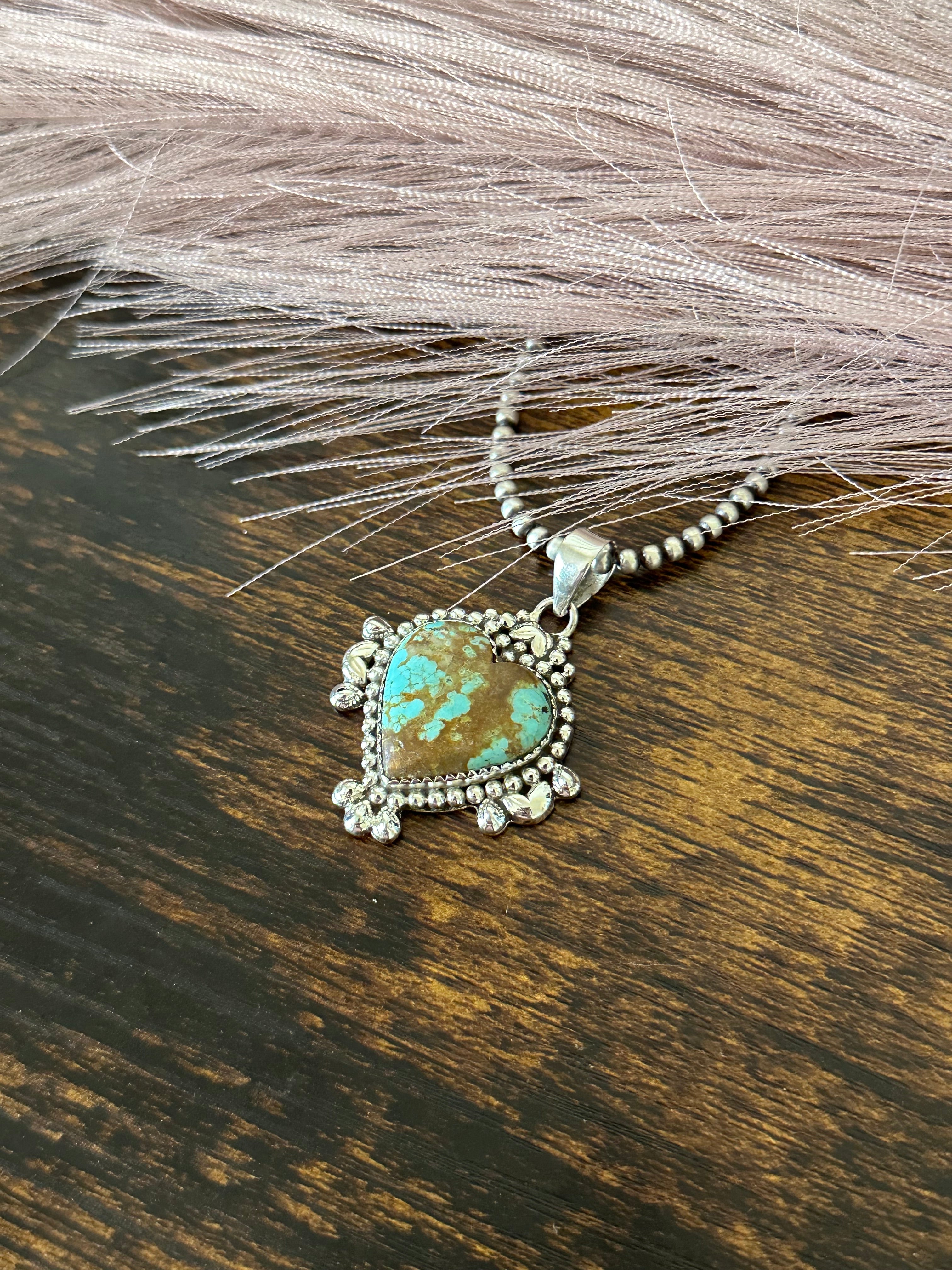 Southwest Handmade Number 8 Turquoise & Sterling Silver Heart Pendant