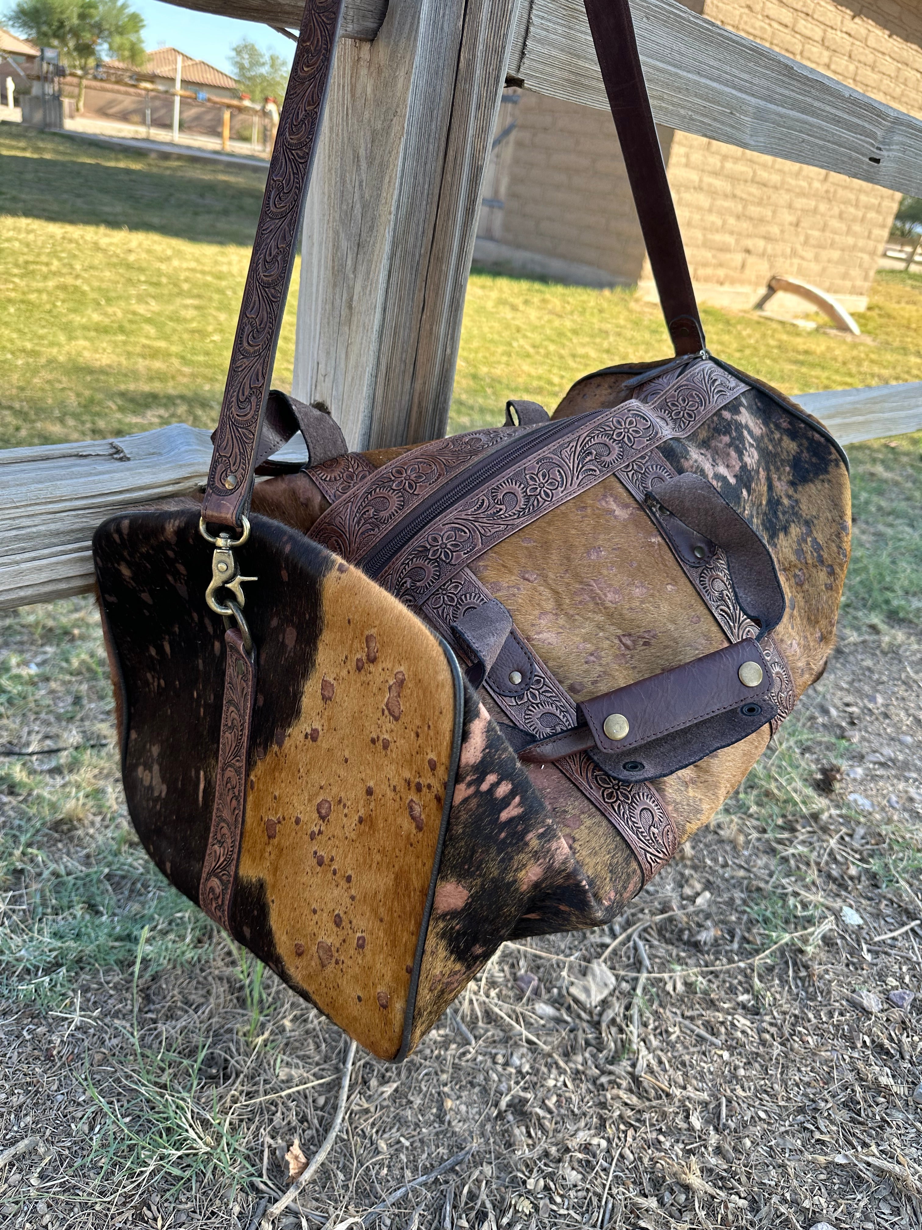 Genuine Tooled Leather Cowhide Duffle Bag