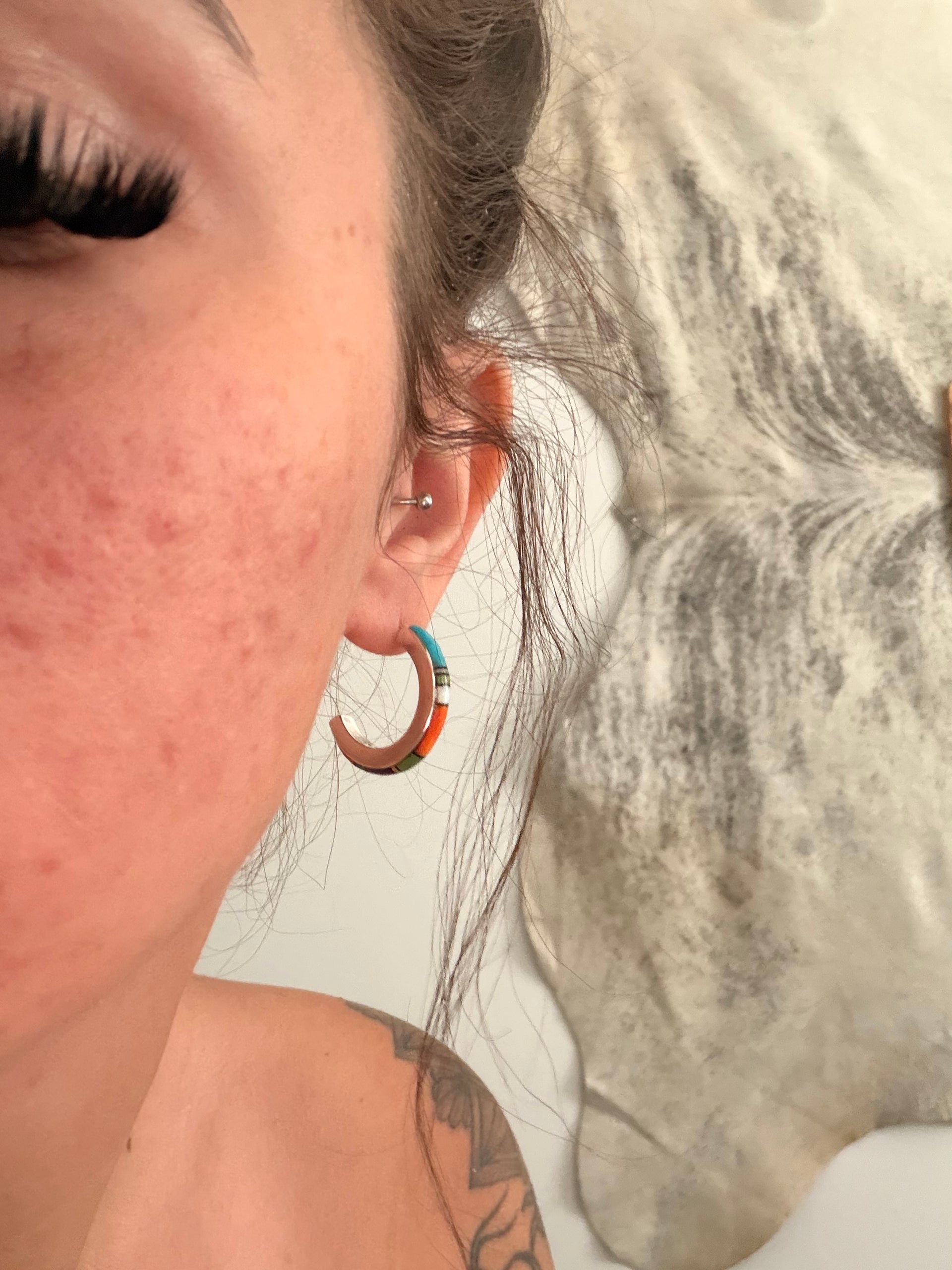 Navajo Made Multi Stone & Sterling Silver Inlay Post Hoop Earrings