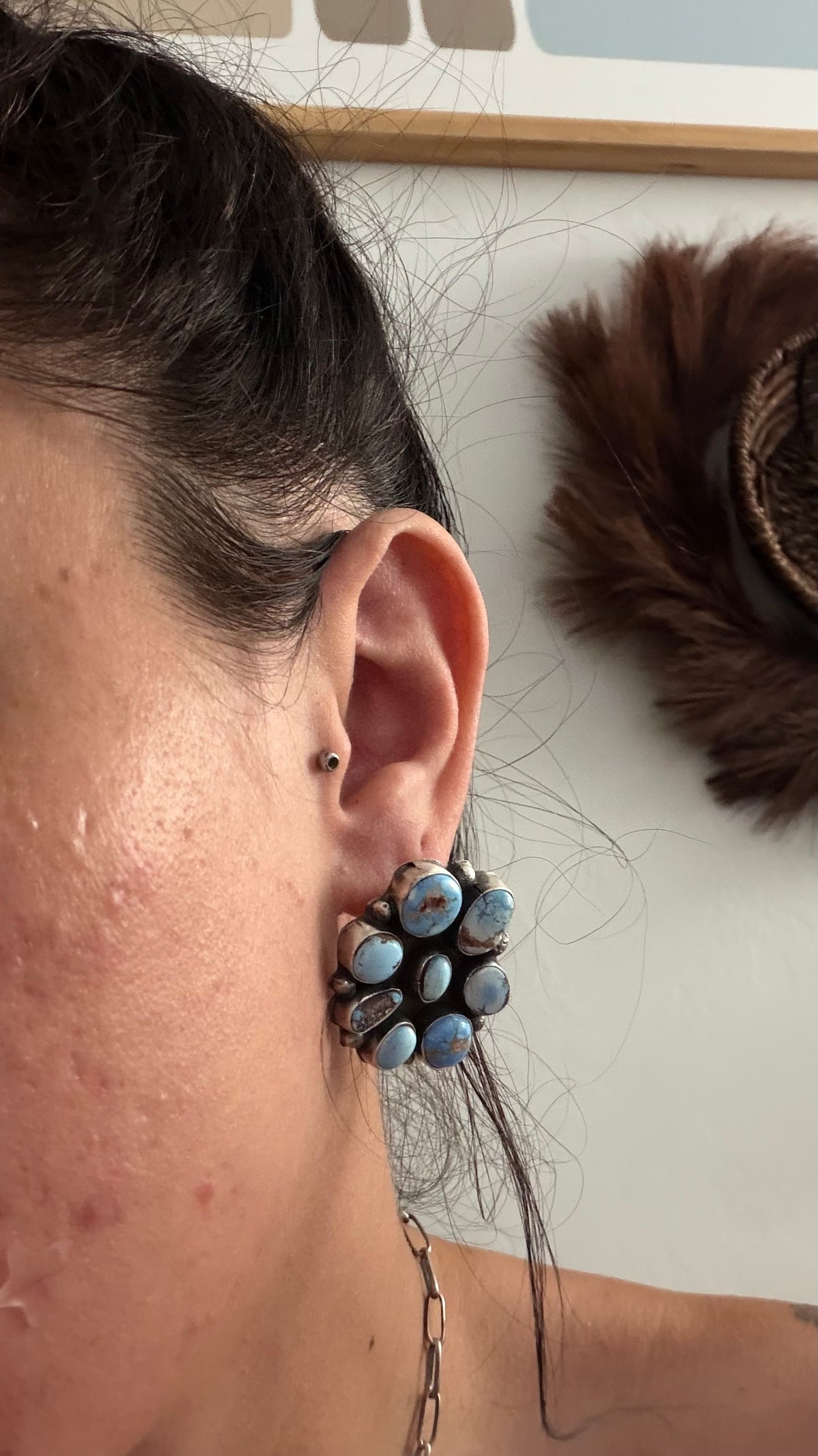 Navajo Made Golden Hill Turquoise & Sterling Silver Post Cluster Earrings