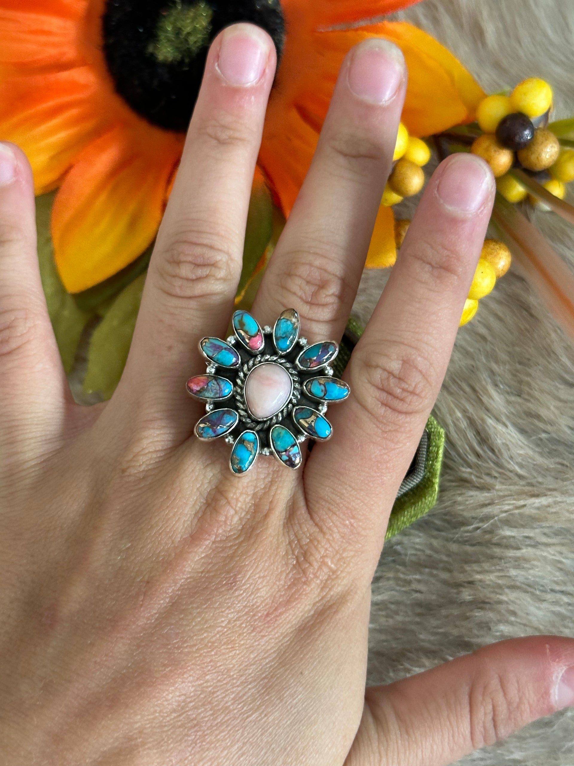 Southwest Handmade Multi Stone & Sterling Silver Adjustable Ring
