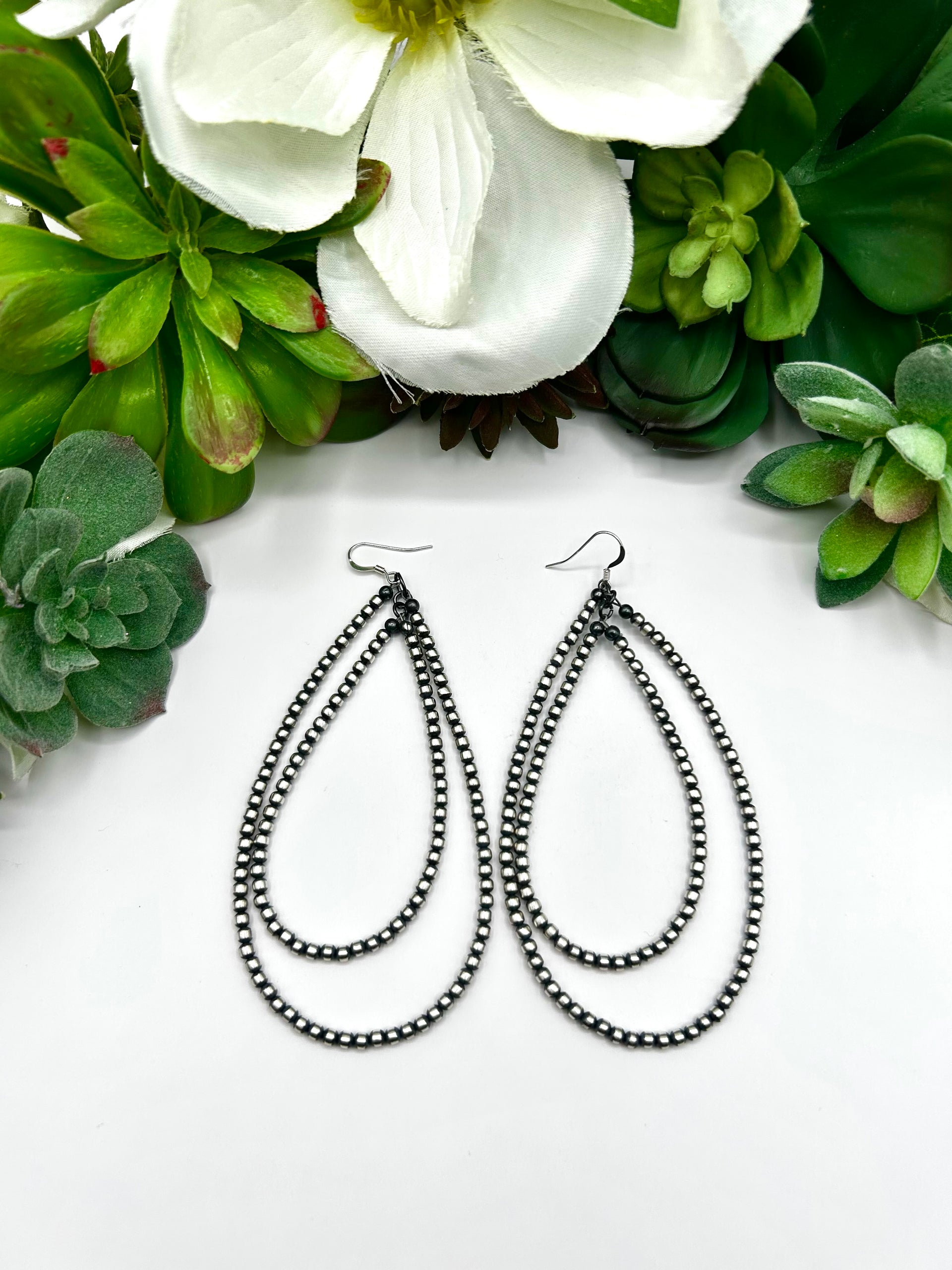 Navajo Made Strung Sterling Silver Hook Dangle Earrings