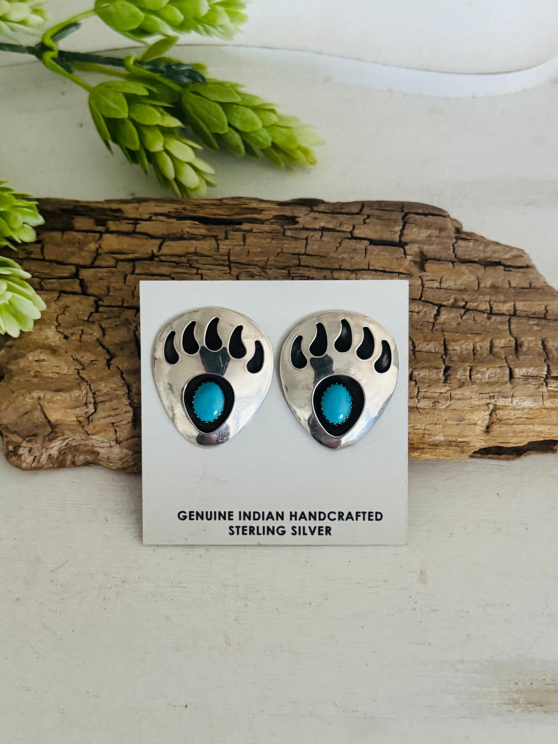 Navajo Made Kingman Turquoise & Sterling Silver Post Dangle Earrings