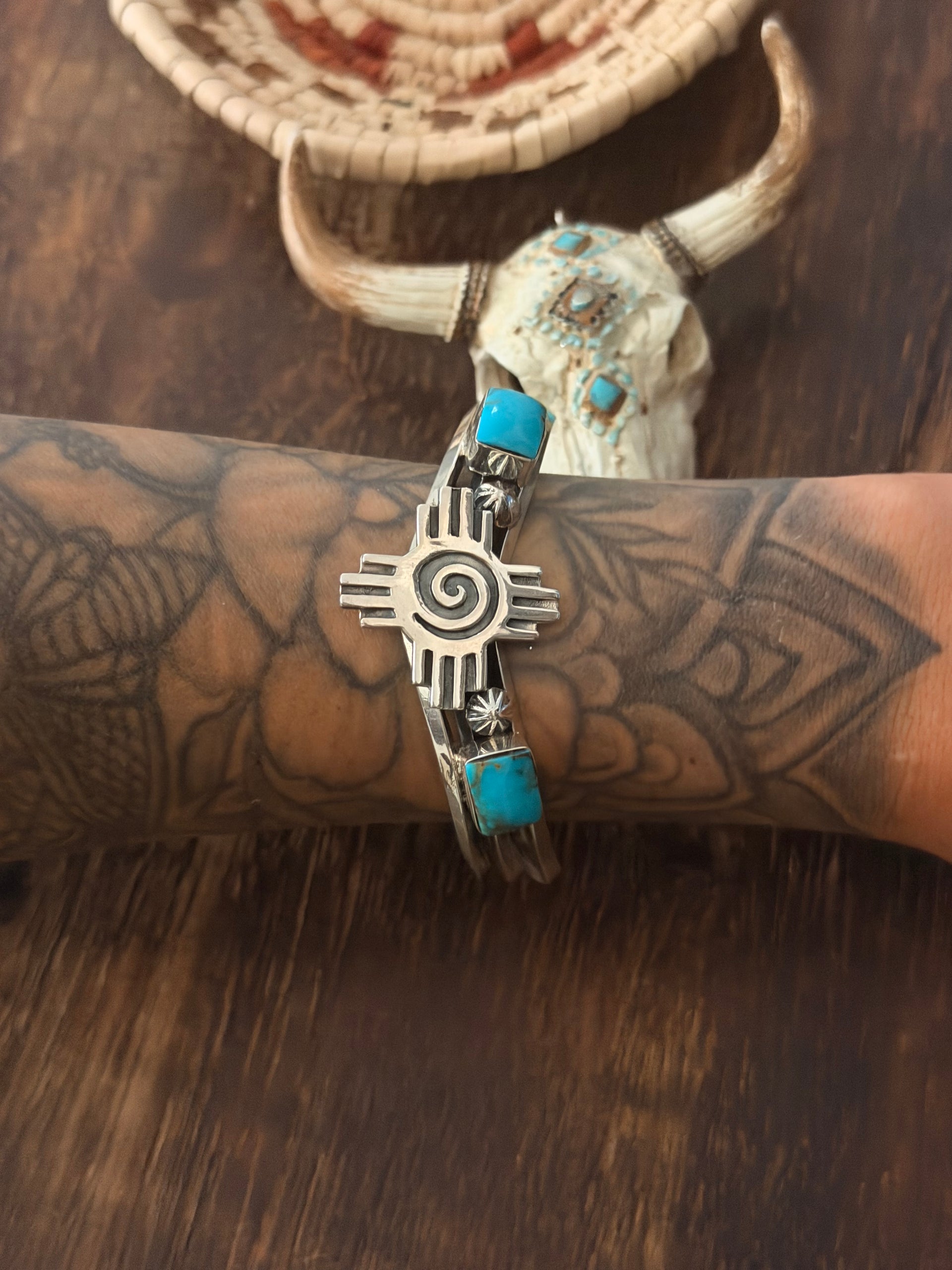 Mike Smith Kingman Turquoise & Sterling Silver Zia Cuff Bracelet