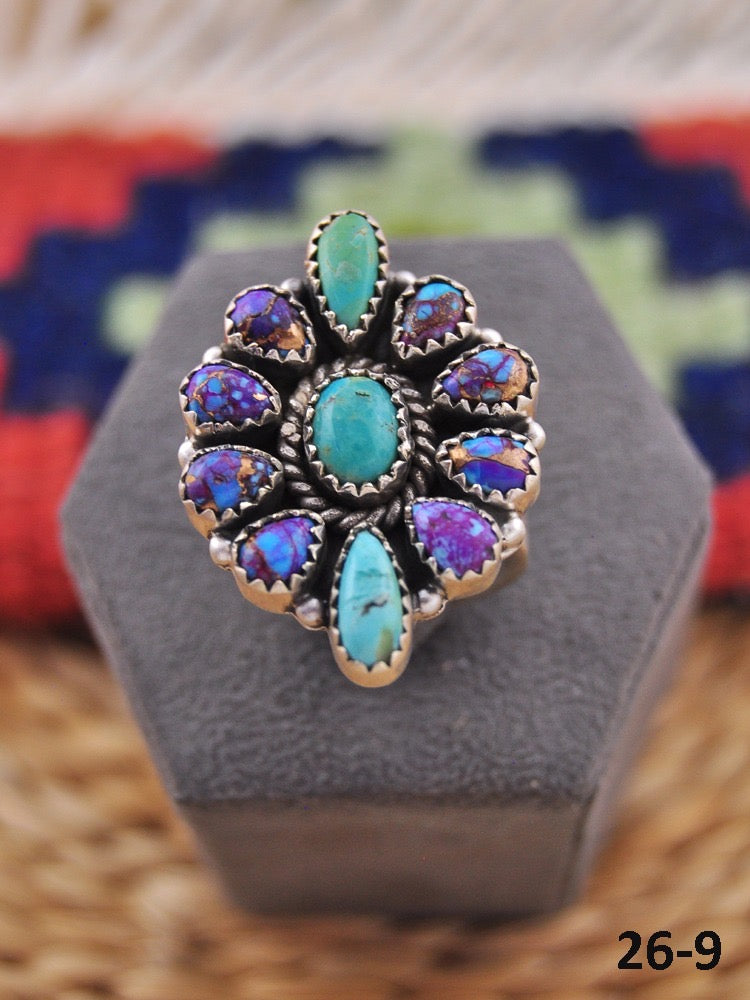 Southwest Made Multi Stone & Sterling Sliver Cluster Adjustable Ring