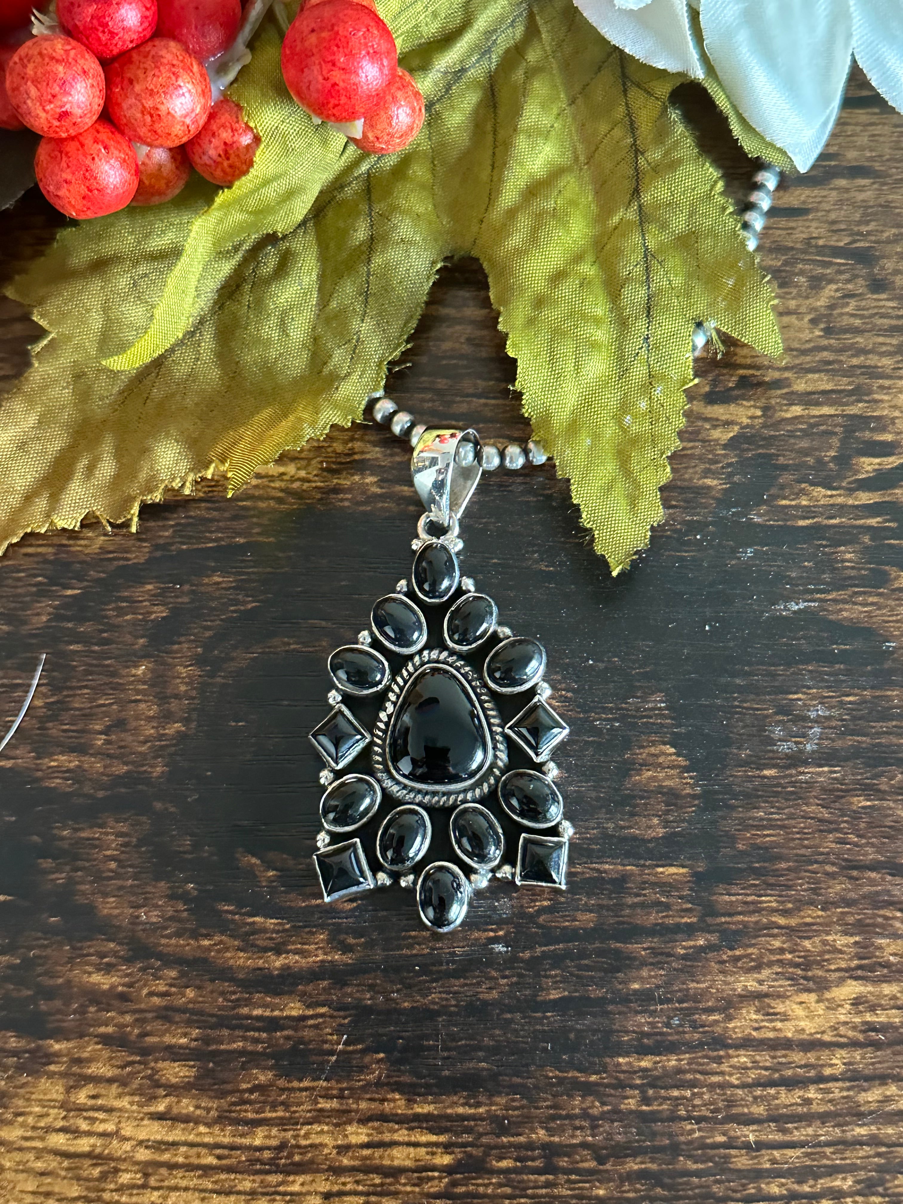 Southwest Handmade Onyx & Sterling Silver Cluster Pendant